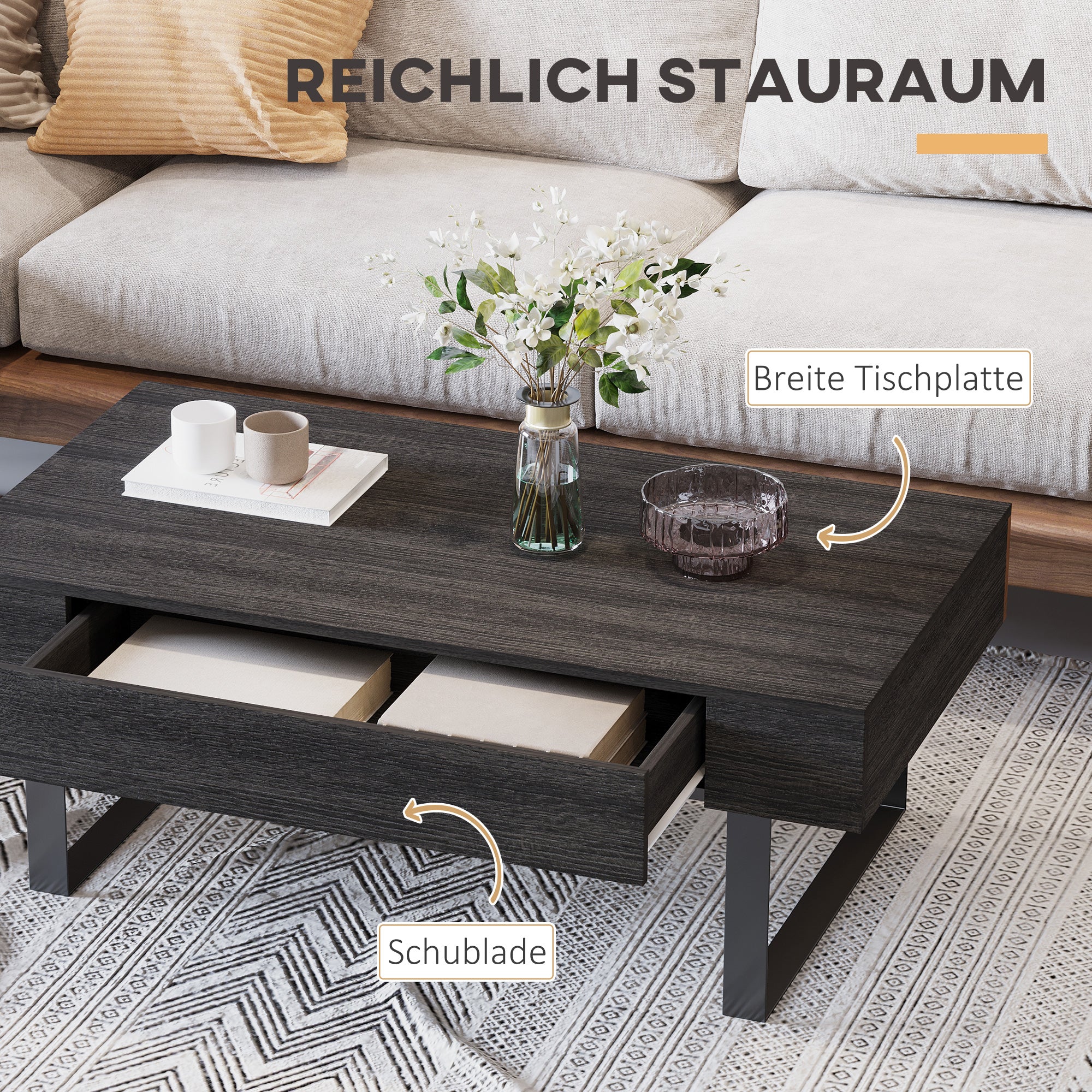 Coffee table side table with drawer & shelves, sturdy steel frame, modern design - Image 5