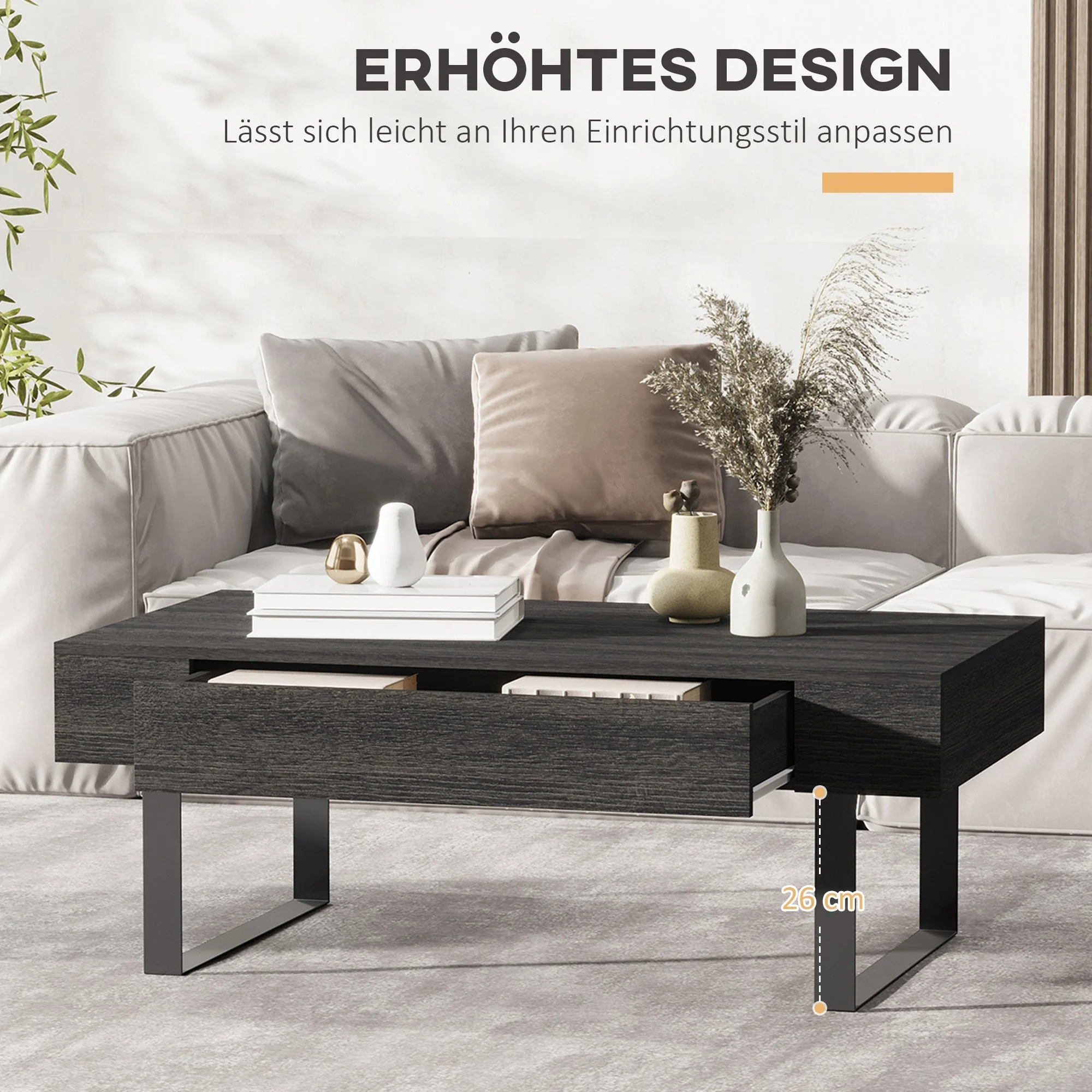 Coffee table side table with drawer & shelves, sturdy steel frame, modern design - Image 6