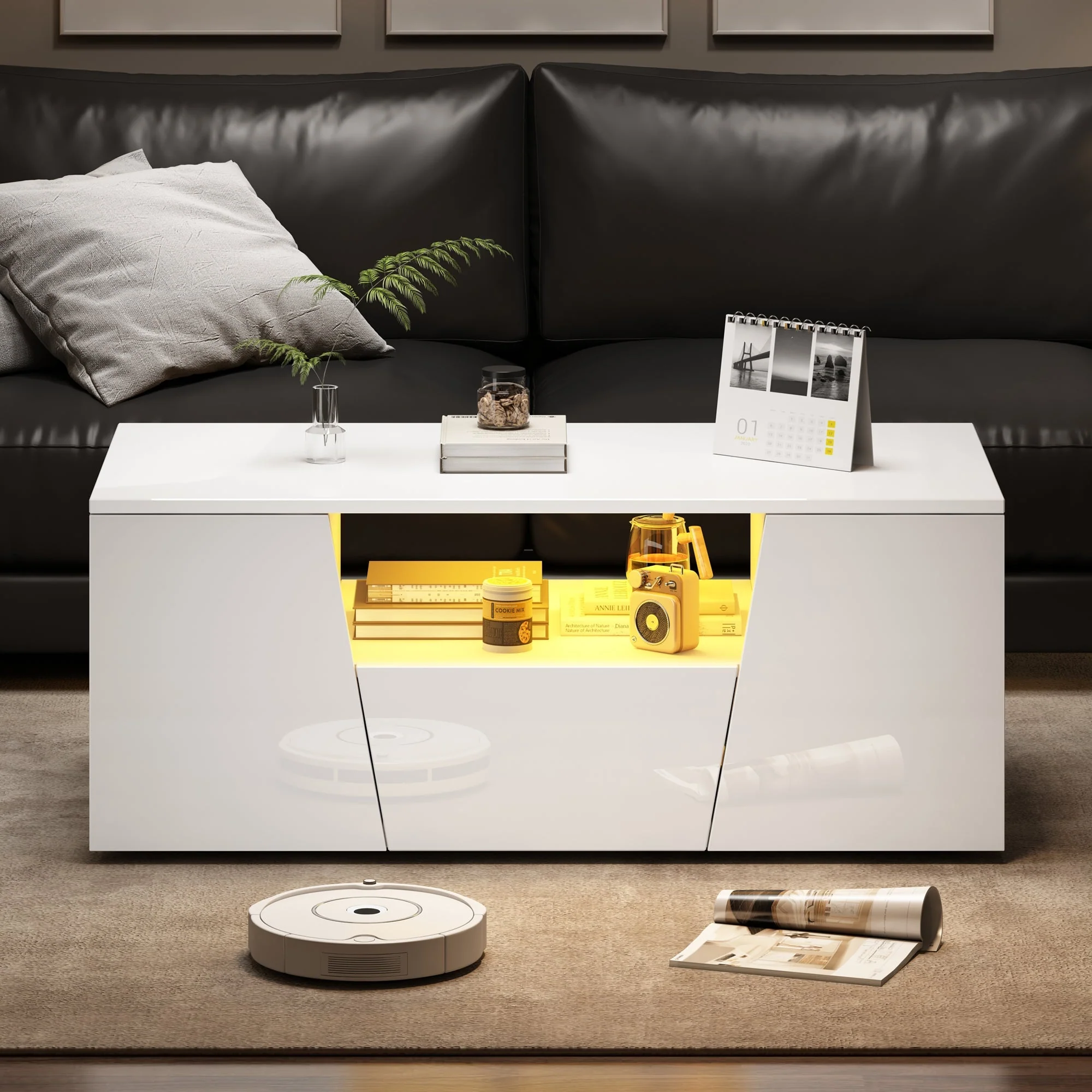 Coffee Table, Sofa Table with LED Light, 2 Cabinets, 1 Drawer, Irregular Design, White - Image 2