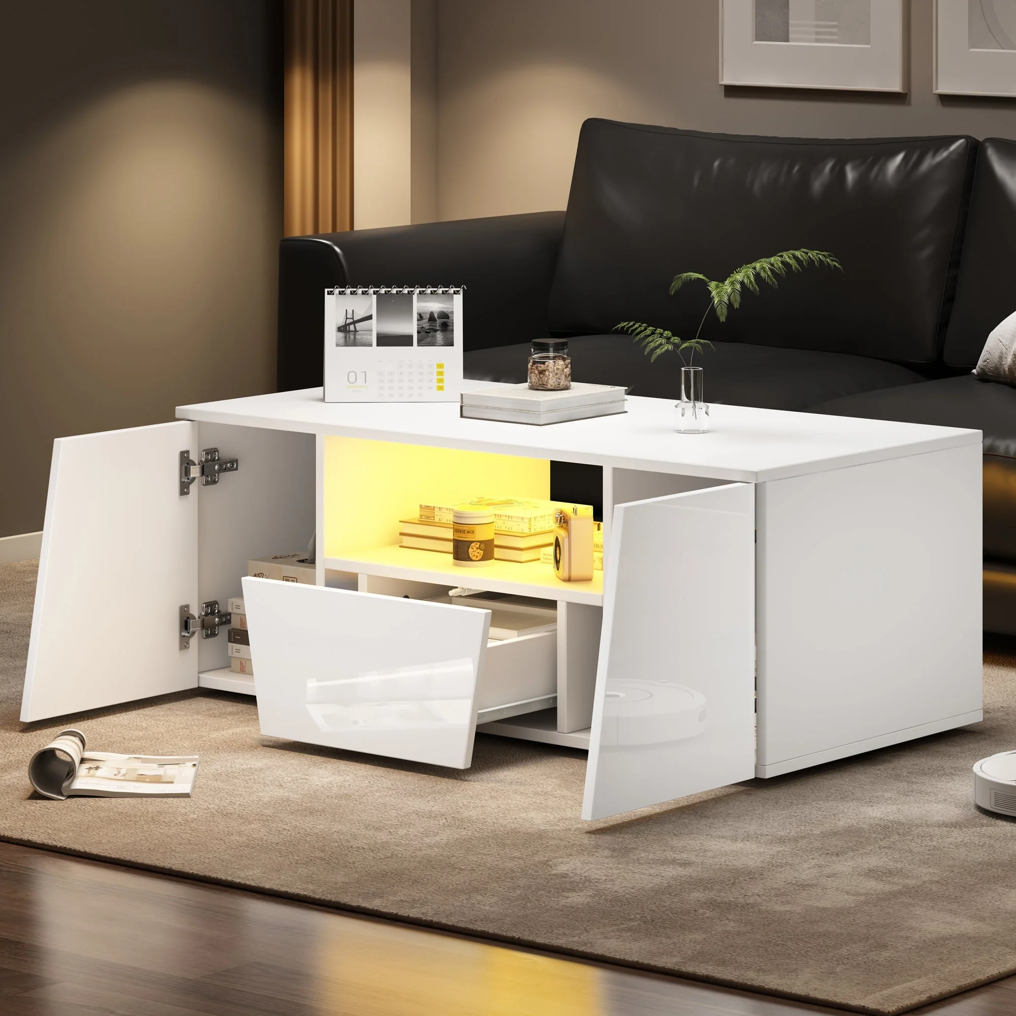 Coffee Table, Sofa Table with LED Light, 2 Cabinets, 1 Drawer, Irregular Design, White - Image 3