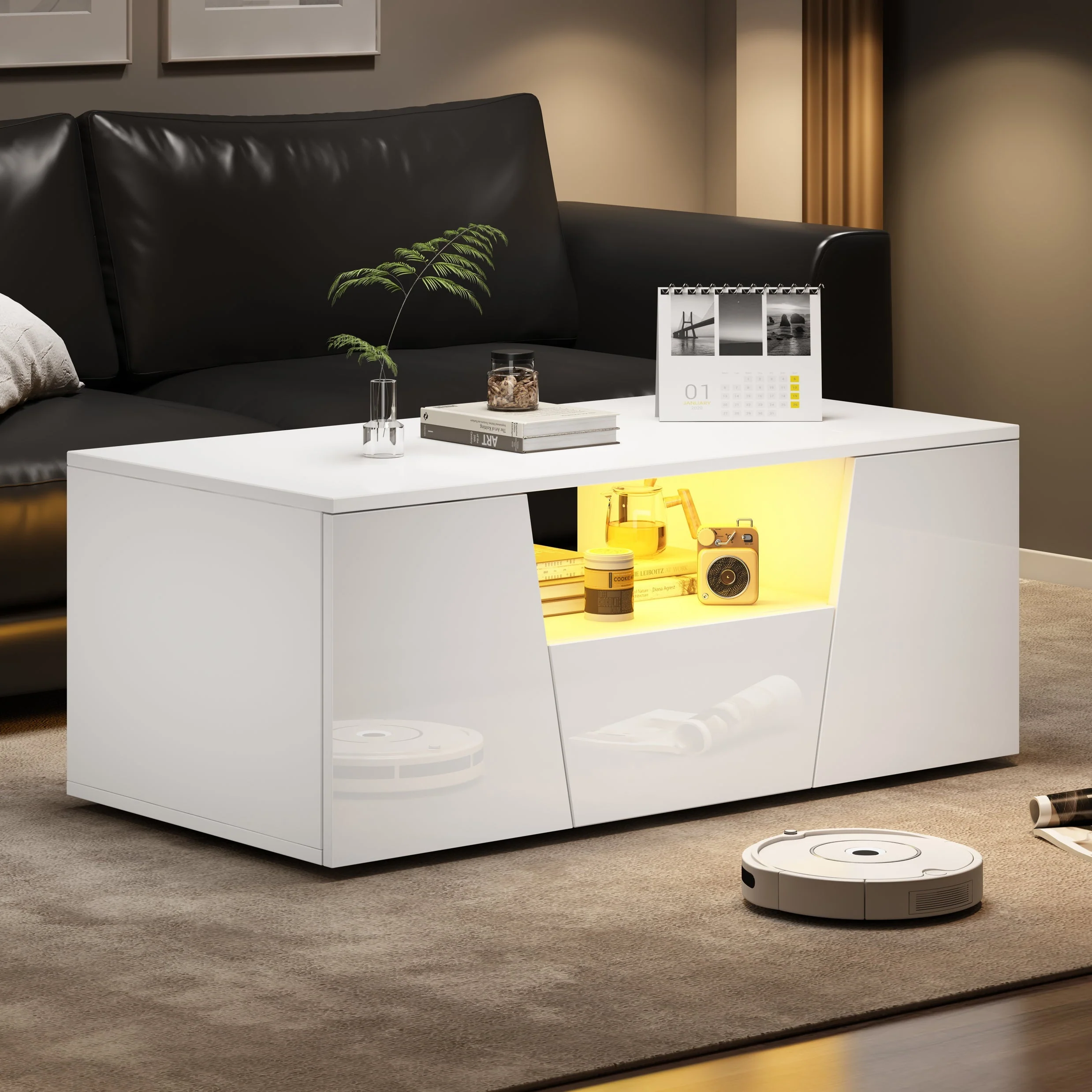 Coffee Table, Sofa Table with LED Light, 2 Cabinets, 1 Drawer, Irregular Design, White - Image 4
