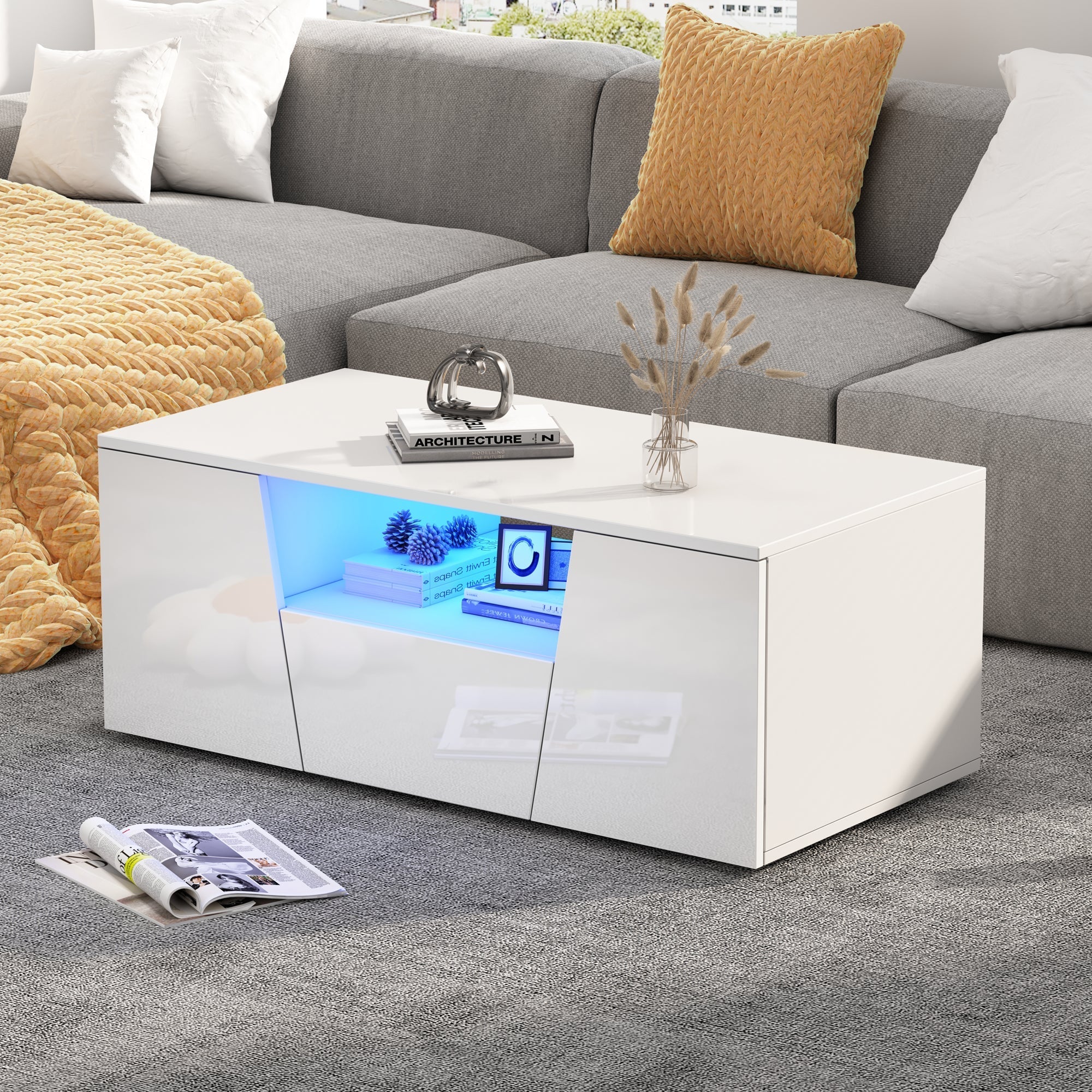 Coffee Table, Sofa Table with LED Light, 2 Cabinets, 1 Drawer, Irregular Design, White - Image 5