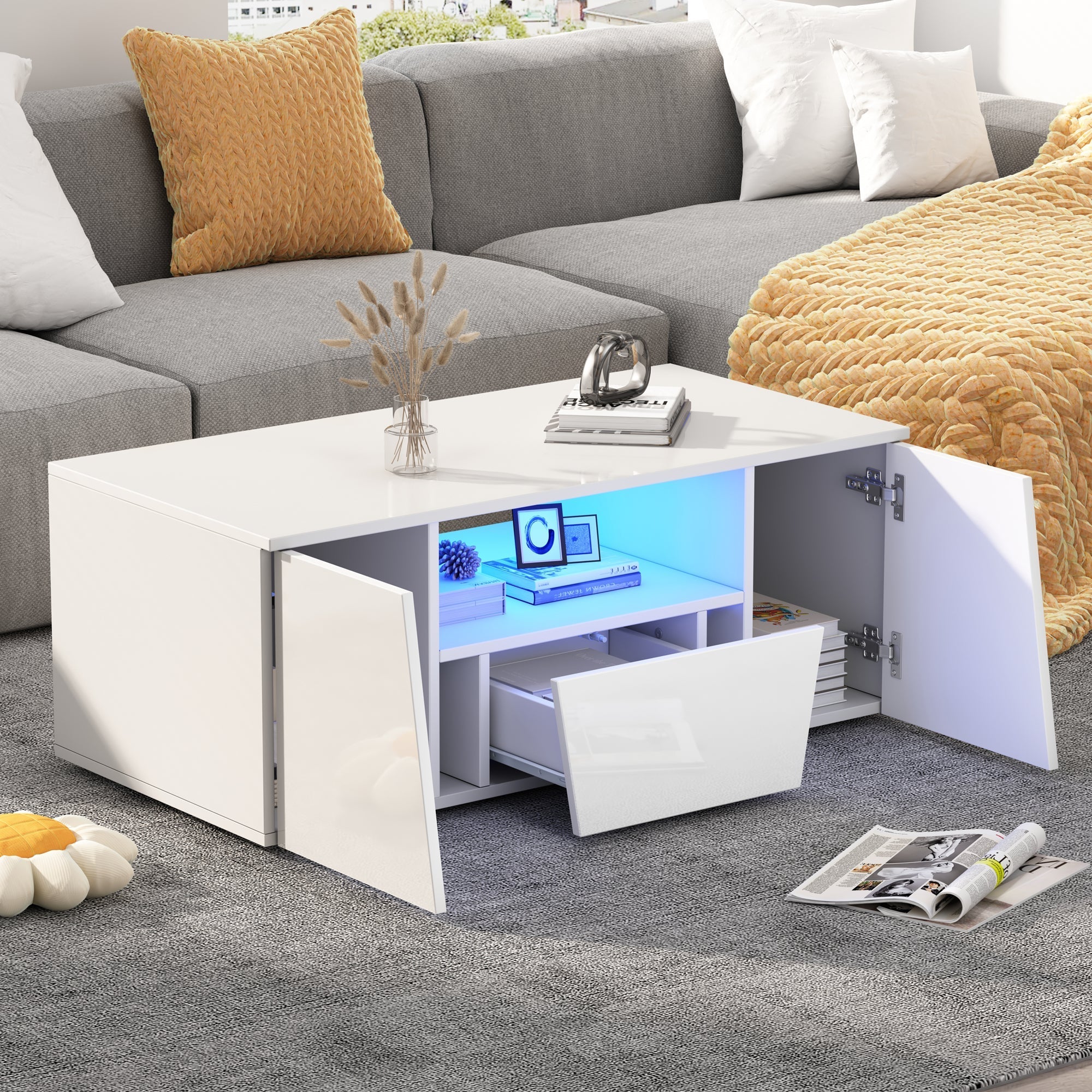 Coffee Table, Sofa Table with LED Light, 2 Cabinets, 1 Drawer, Irregular Design, White - Image 6