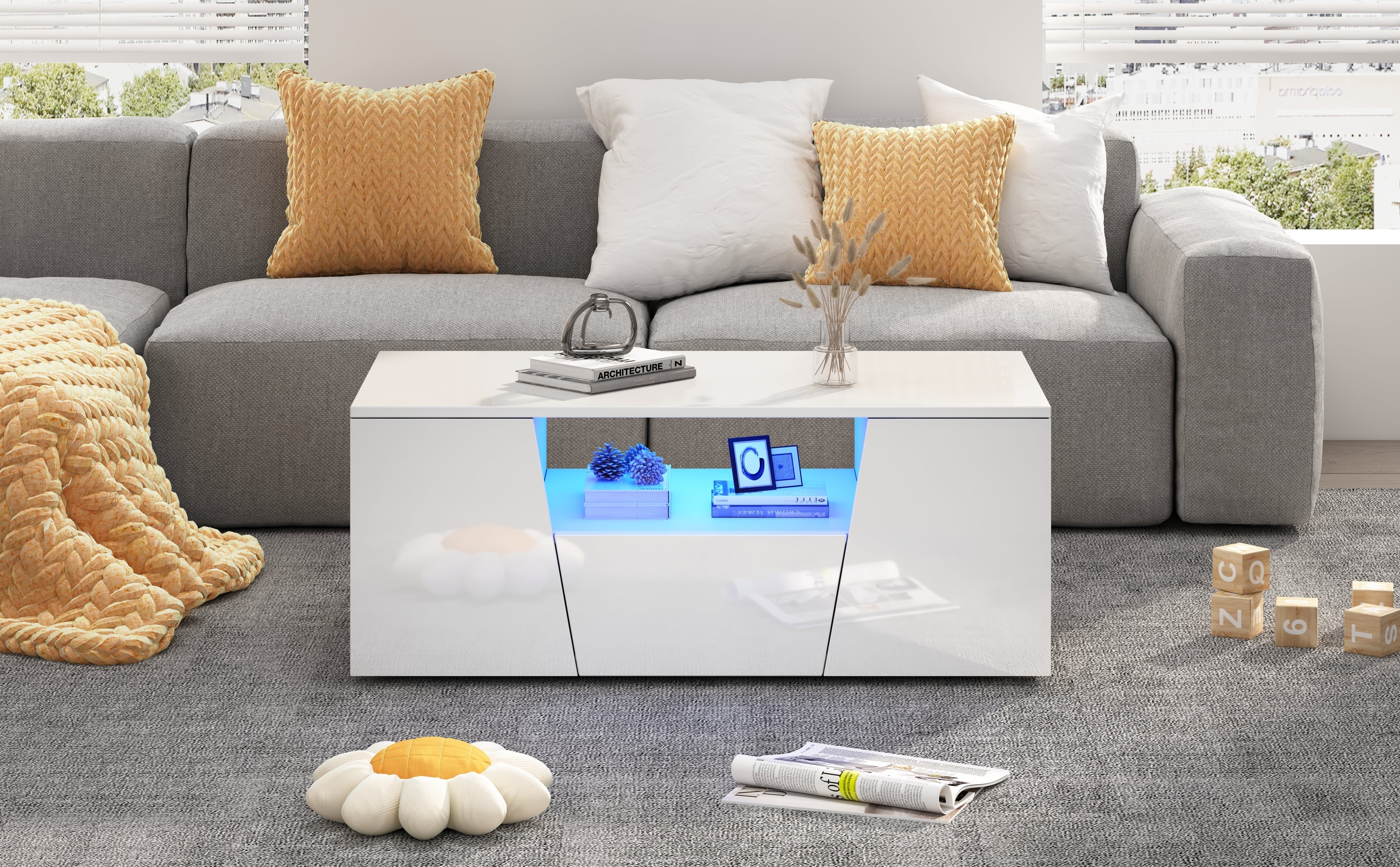 Coffee Table, Sofa Table with LED Light, 2 Cabinets, 1 Drawer, Irregular Design, White - Image 7