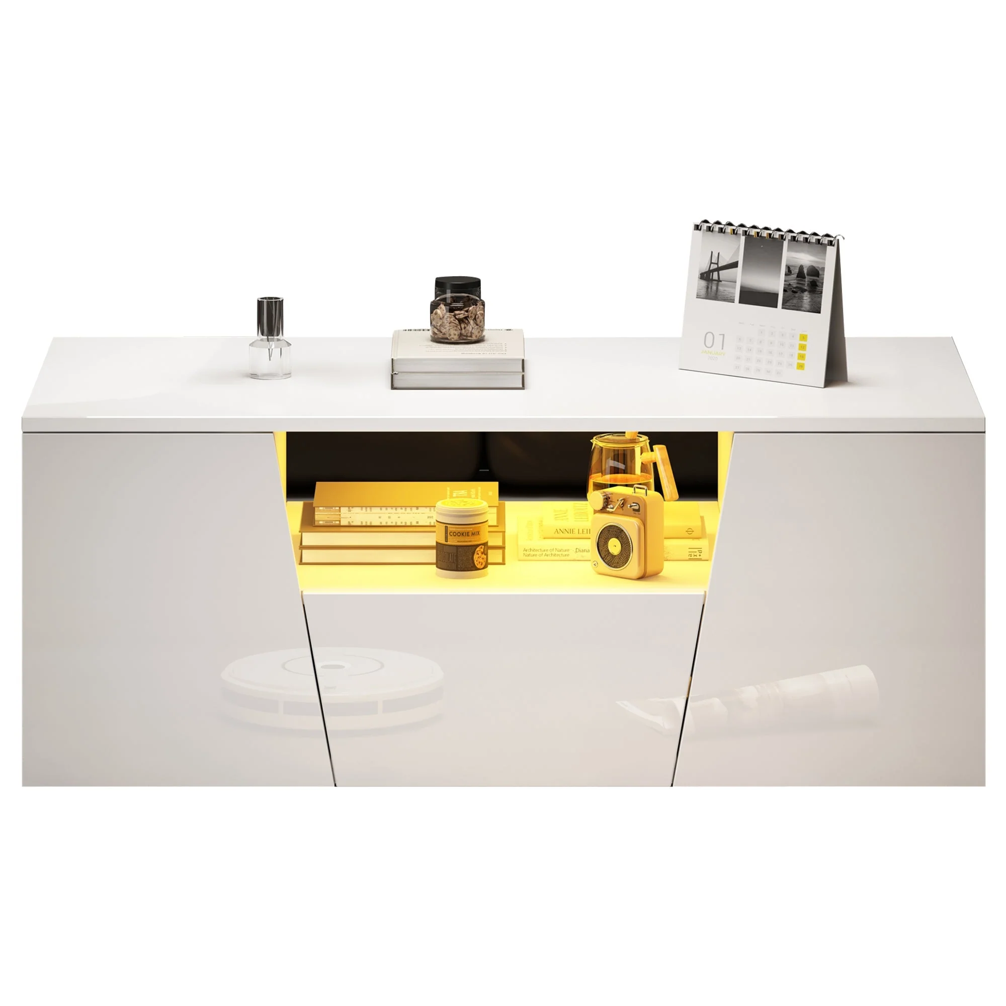 Coffee Table, Sofa Table with LED Light, 2 Cabinets, 1 Drawer, Irregular Design, White - Image 8