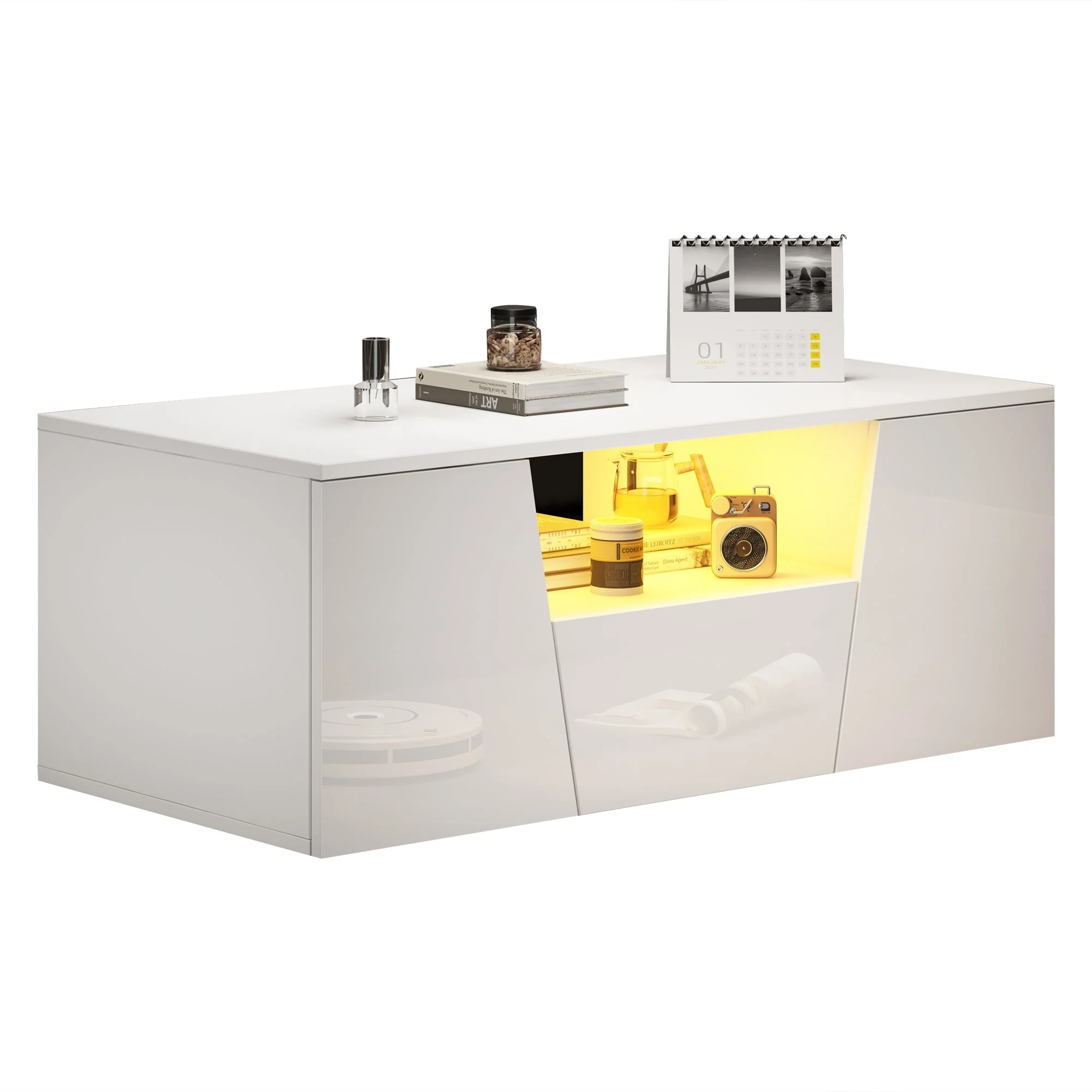 Coffee Table, Sofa Table with LED Light, 2 Cabinets, 1 Drawer, Irregular Design, White - Image 9