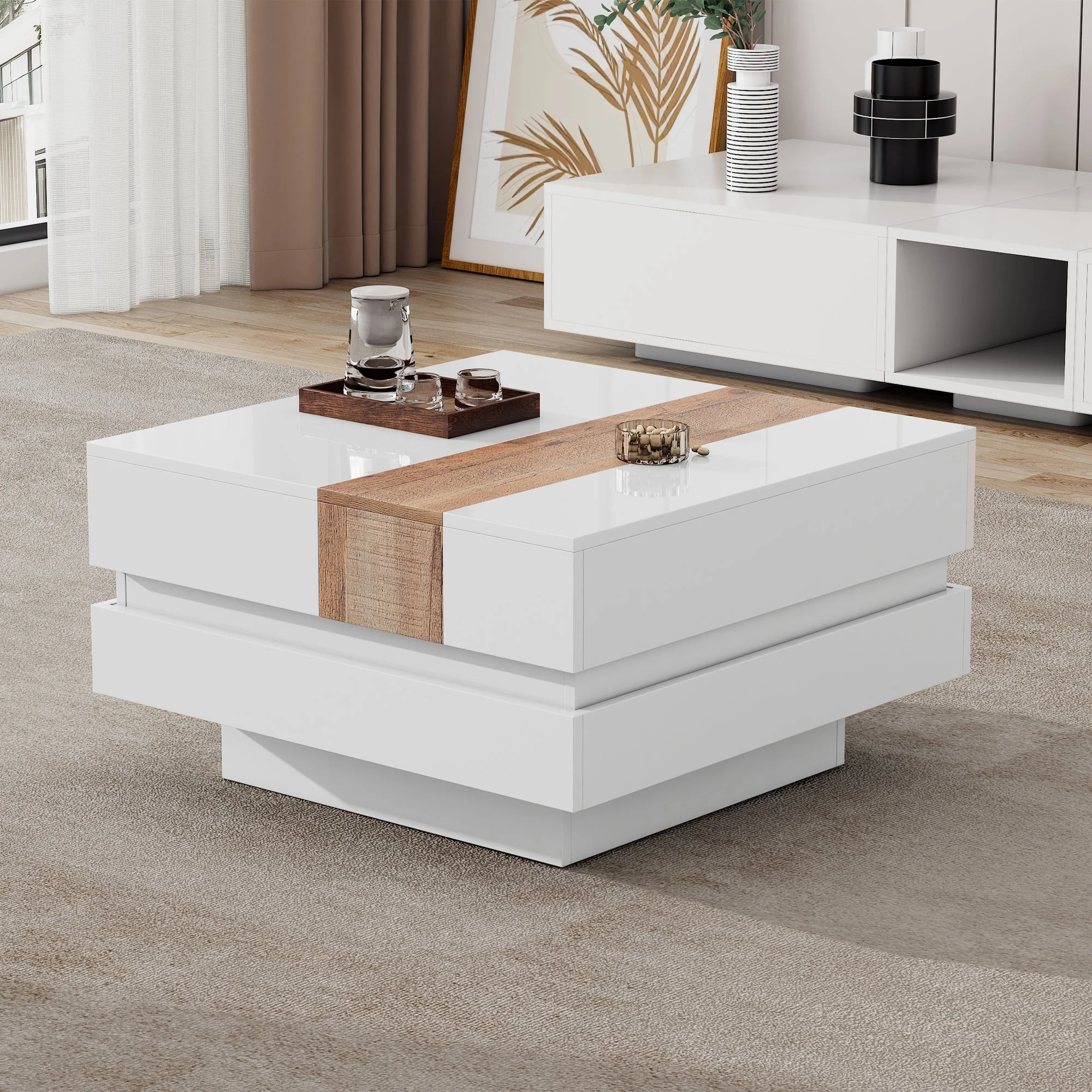 Coffee Table, Square with Extendable Top & Hidden Storage, White High Gloss - Image 3