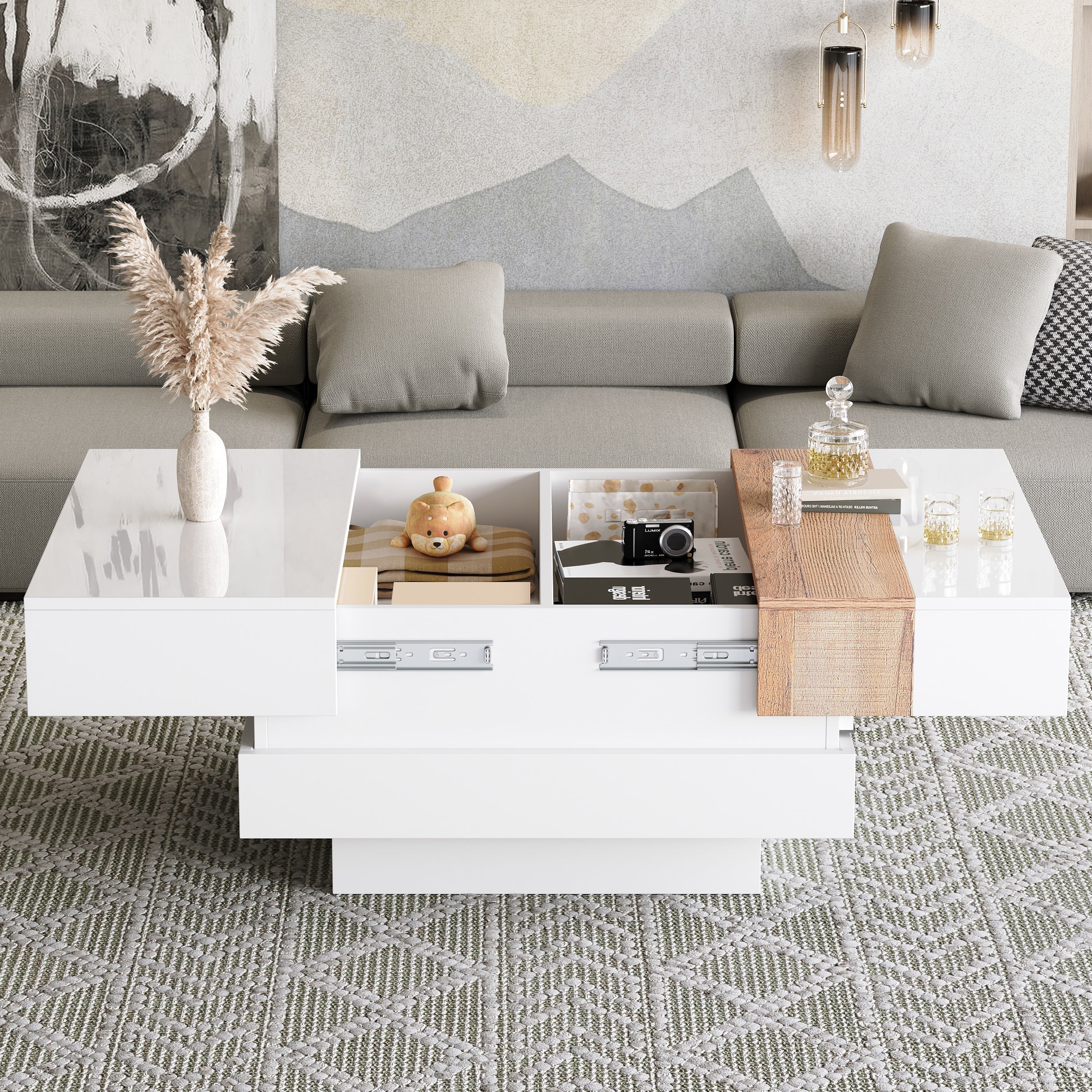 Coffee Table, Square with Extendable Top & Hidden Storage, White High Gloss - Image 5