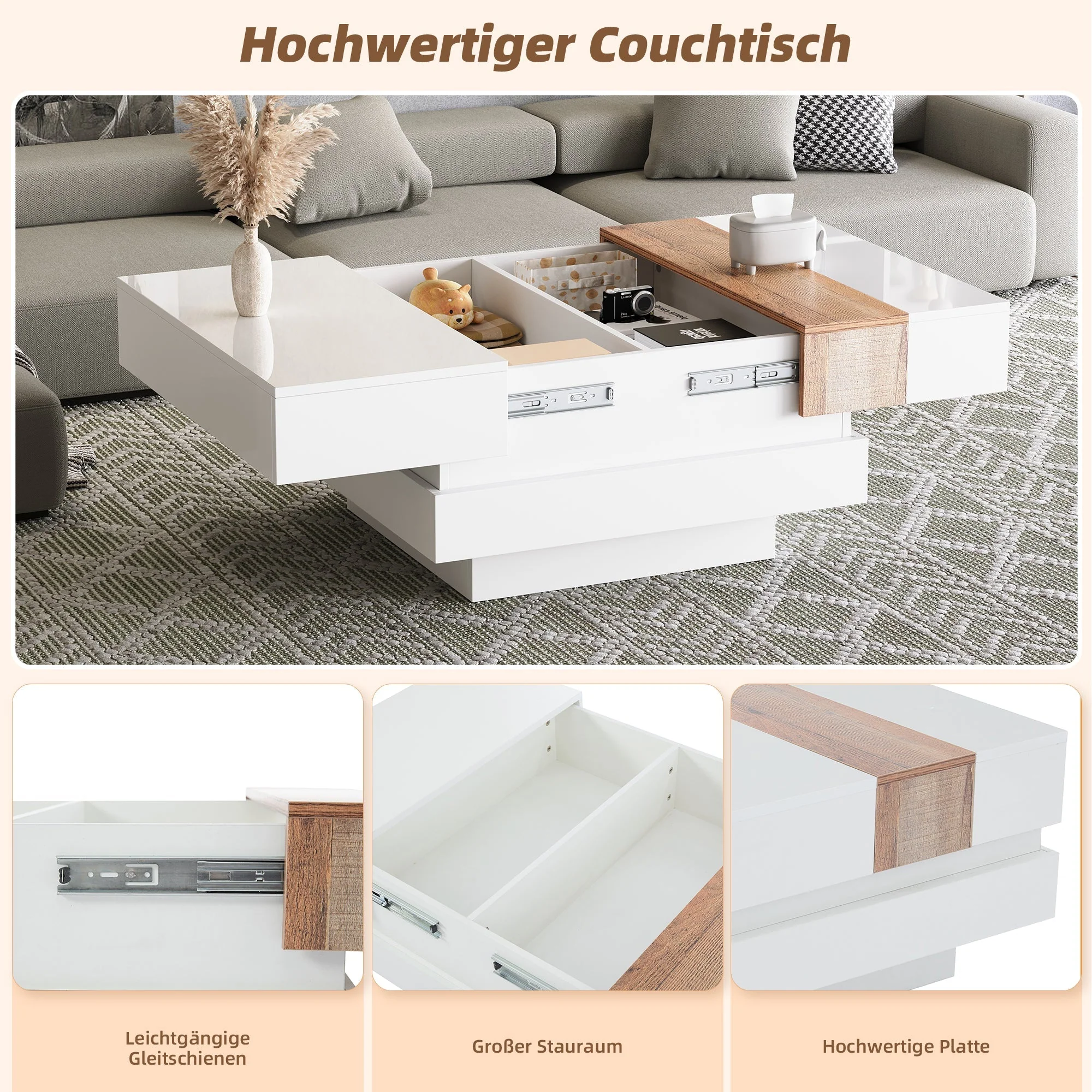 Coffee Table, Square with Extendable Top & Hidden Storage, White High Gloss - Image 8