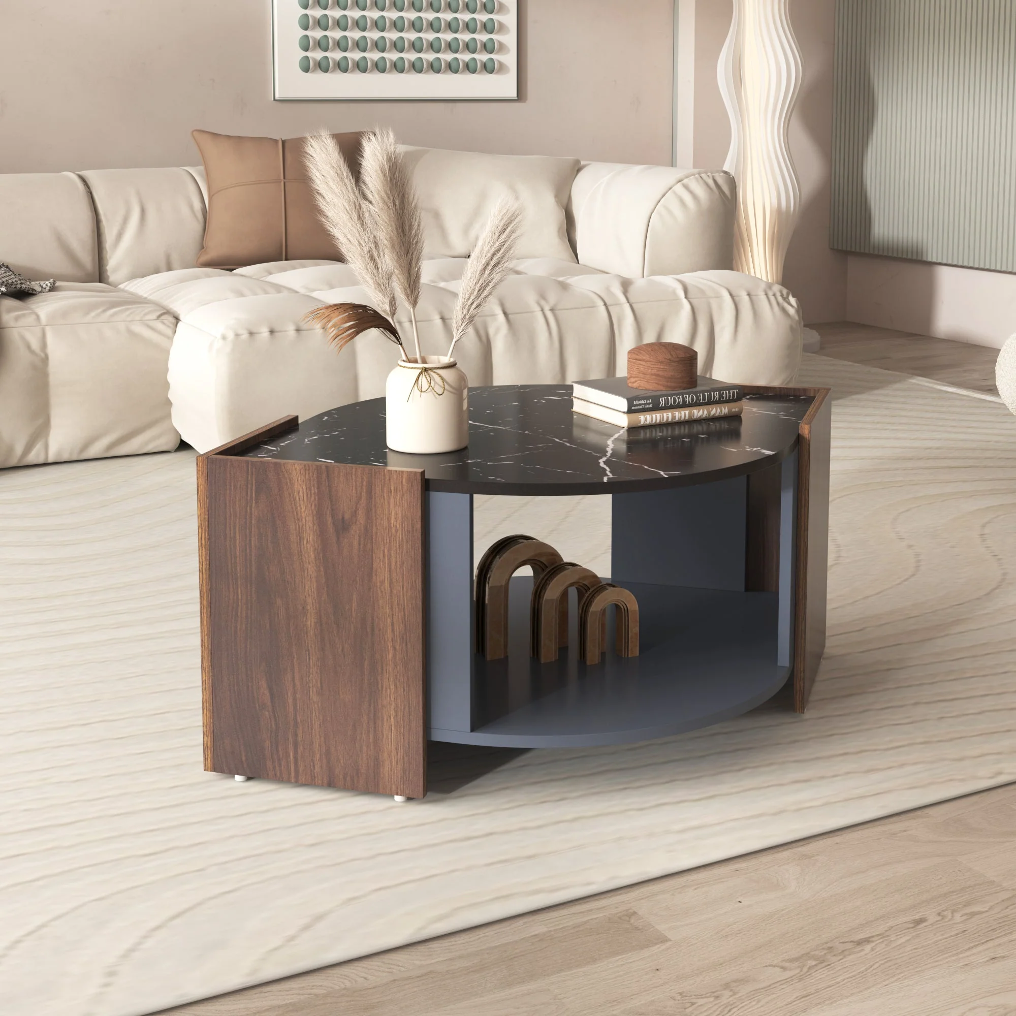 Coffee Table, Textured with Unique Lines, Marble/Walnut Contrast - Image 4