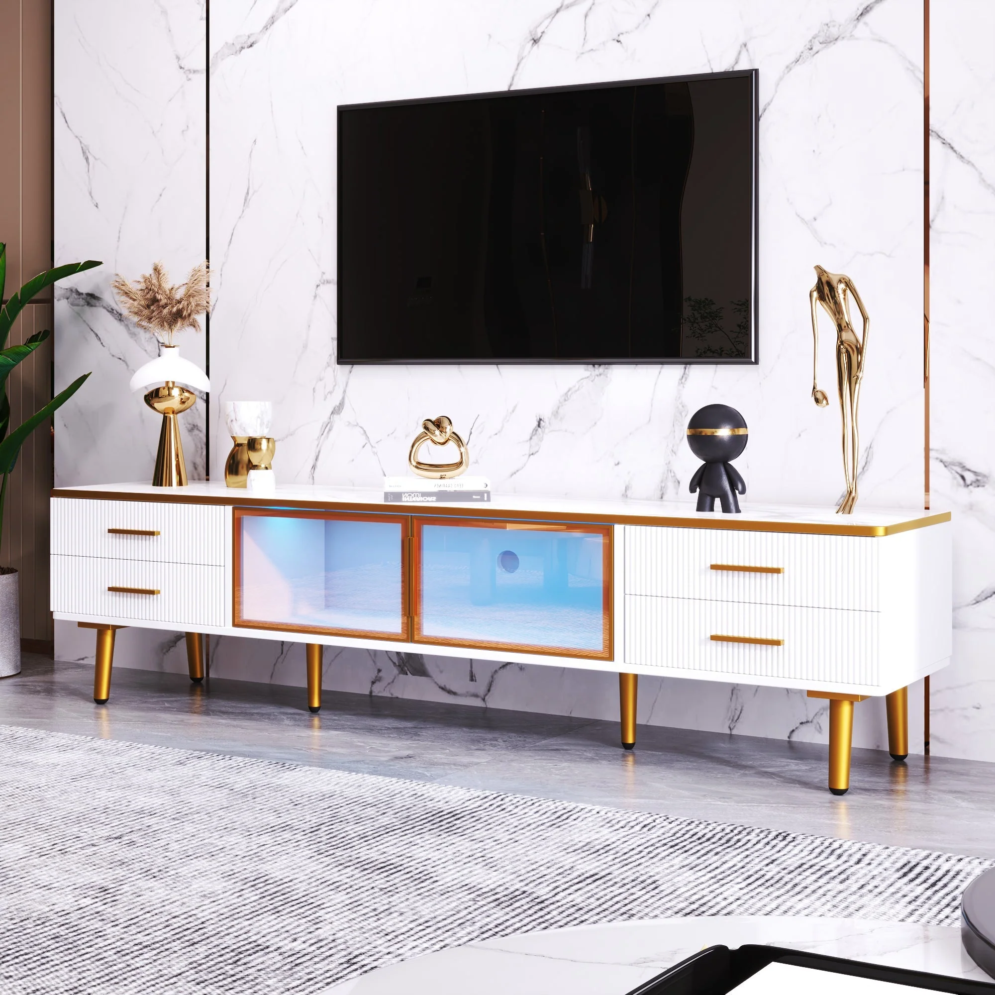 Coffee Table, TV Cabinet, Modular Living Room Furniture with Tempered Glass Door, Aluminum Alloy Frame, Wave Texture Drawers, Gold Handles and Legs, Marble Texture Tabletop - Image 3