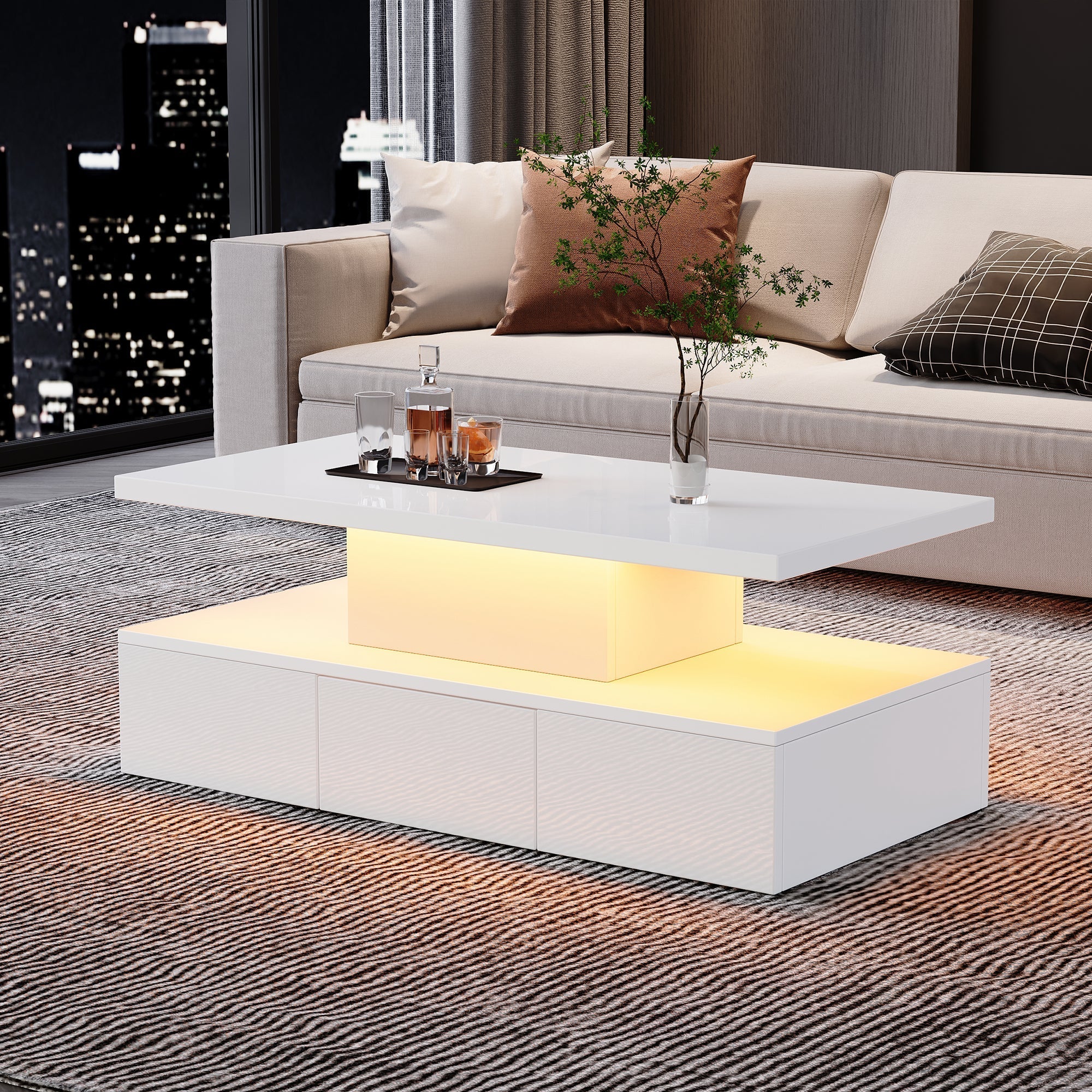 Coffee Table Two-Tier LED Light Storage Drawer High-Gloss White - Image 3
