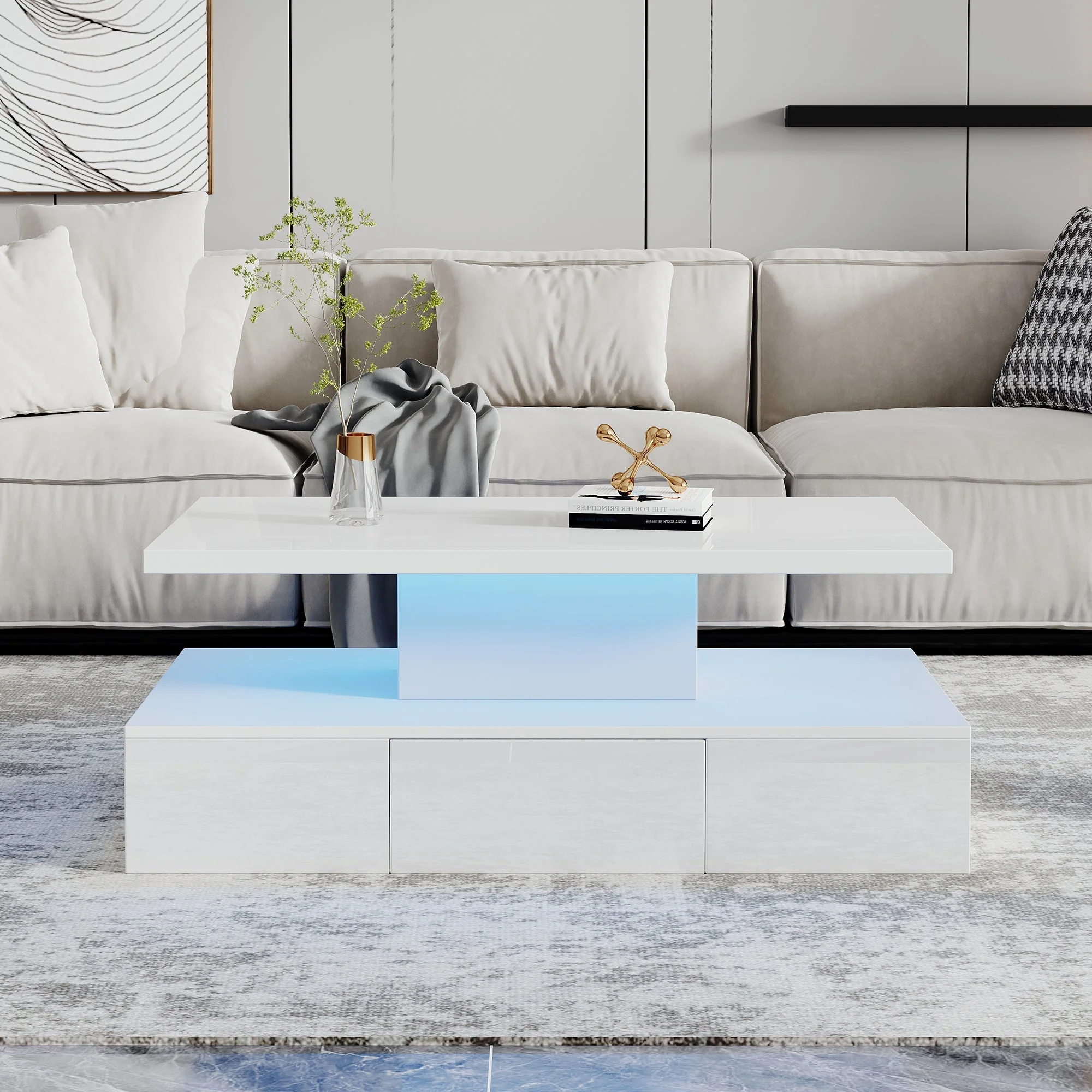 Coffee Table Two-Tier LED Light Storage Drawer High-Gloss White - Image 4