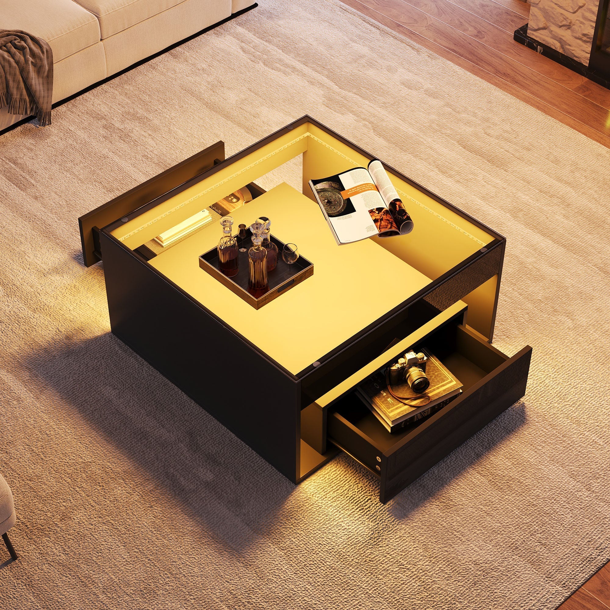Coffee Table with 2 Drawers and LED Tempered Glass Top, High Gloss Black - Image 5