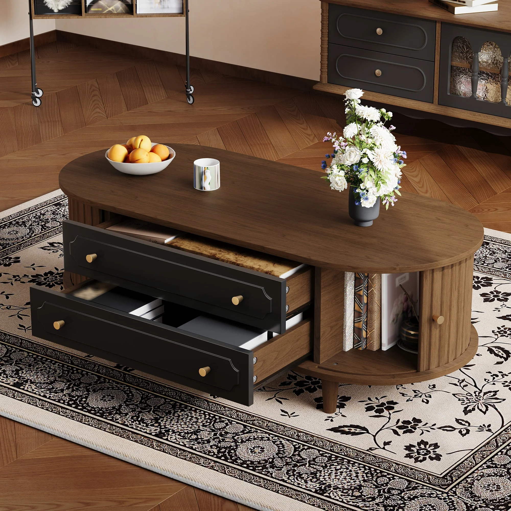 Coffee Table with 2 Drawers and Roll-up Doors, Walnut and Black