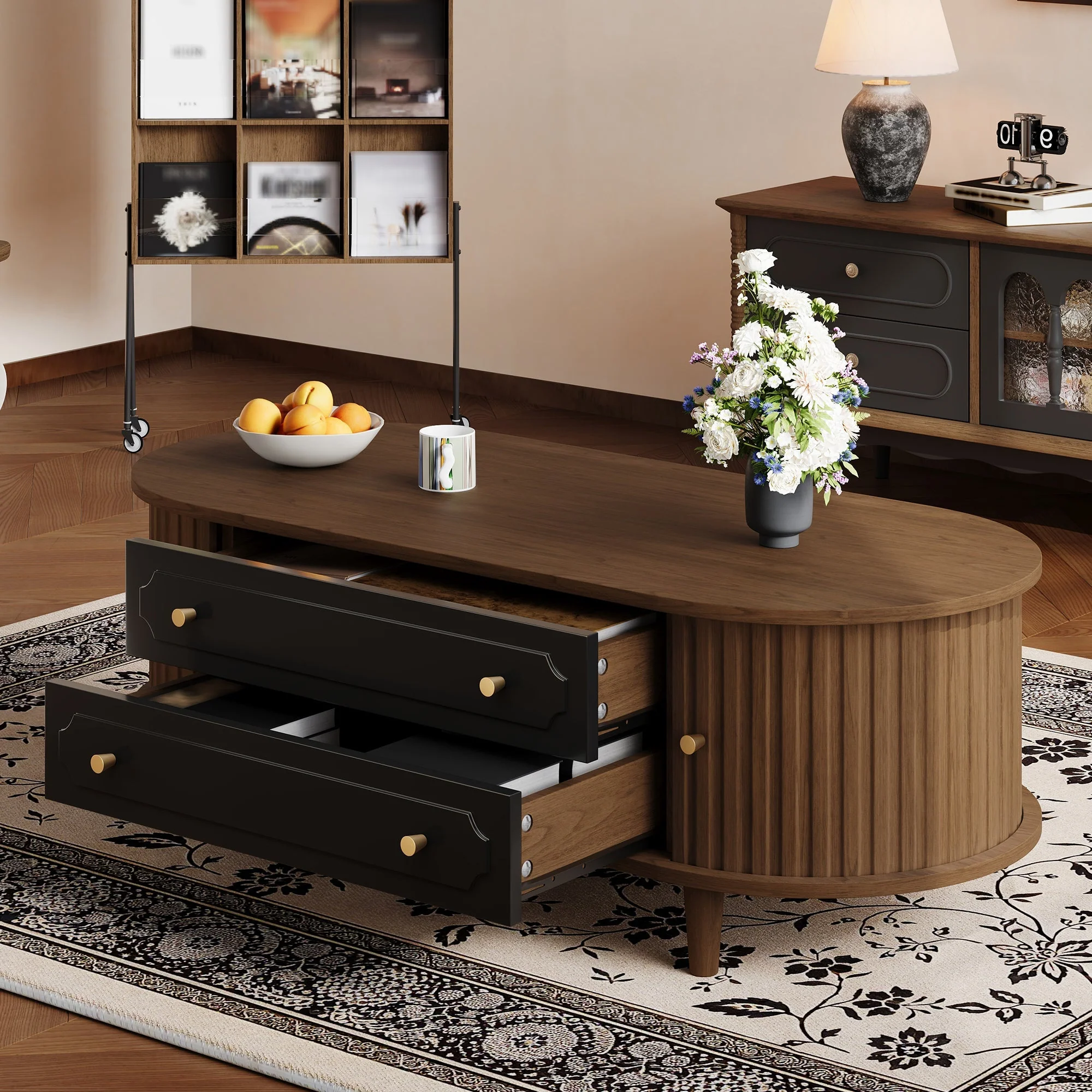 Coffee Table with 2 Drawers and Roll-up Doors, Walnut and Black - Image 5