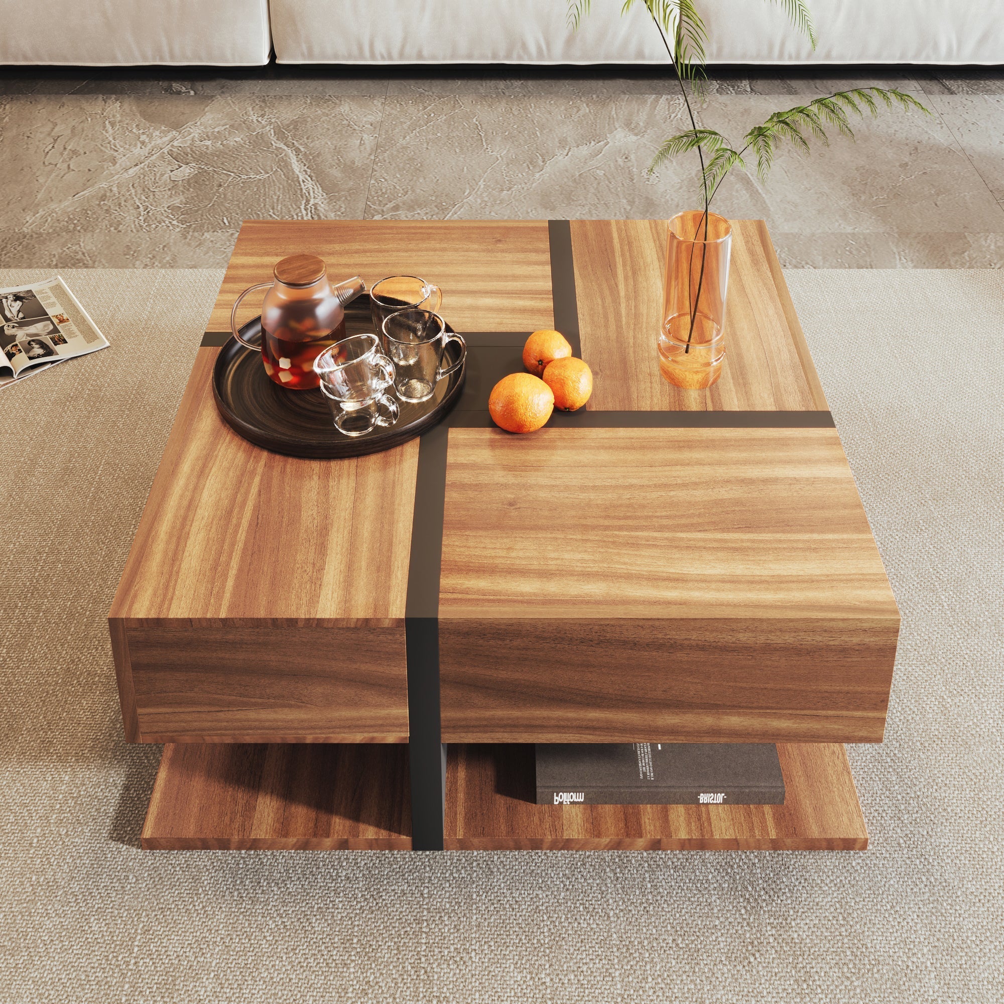 Coffee Table with 4 Drawers, Unique Color Matching, and Bottom Storage Space, 78x78x36cm - Image 2