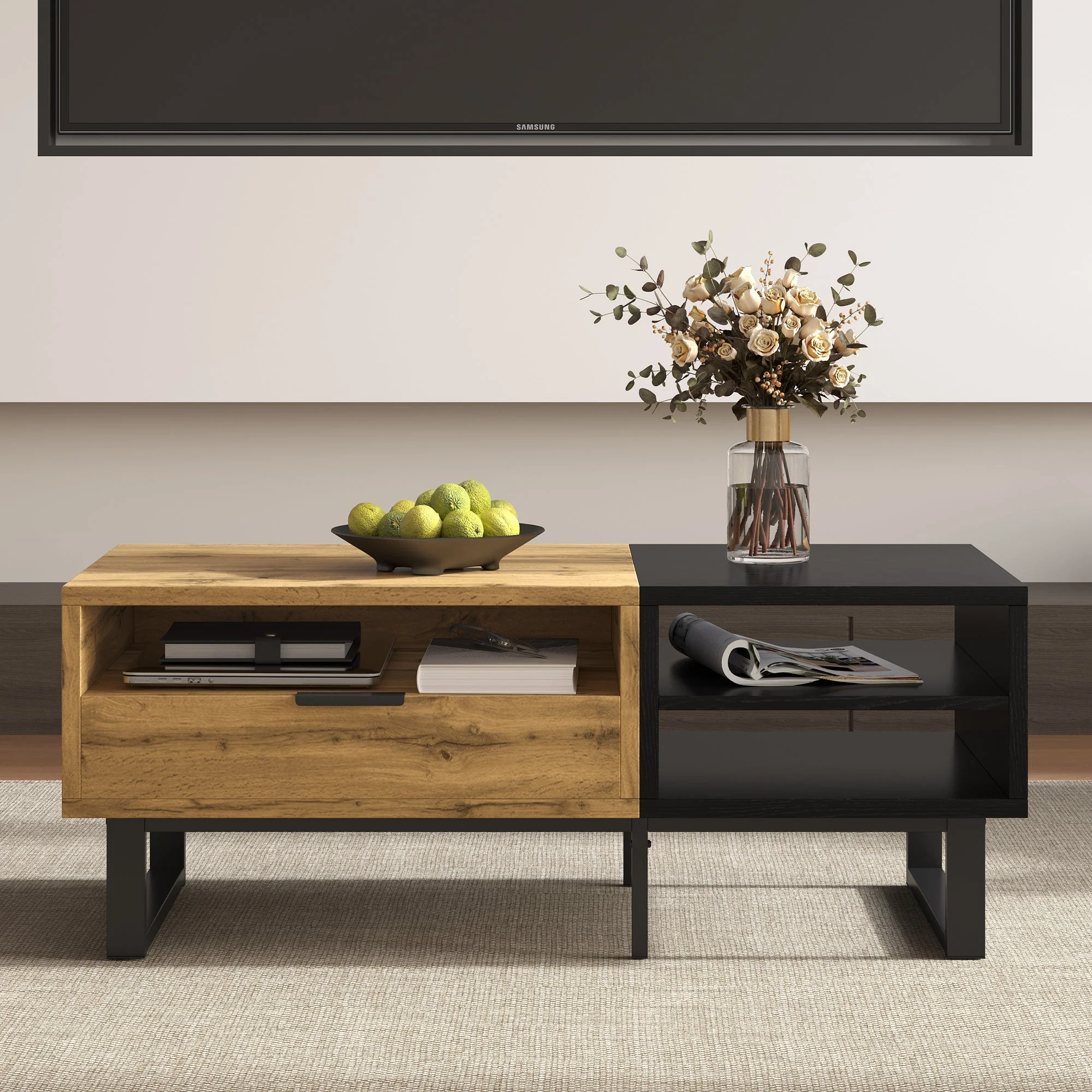 Coffee Table with Color Block, Compartments, Drawers, Metal Legs - Image 6