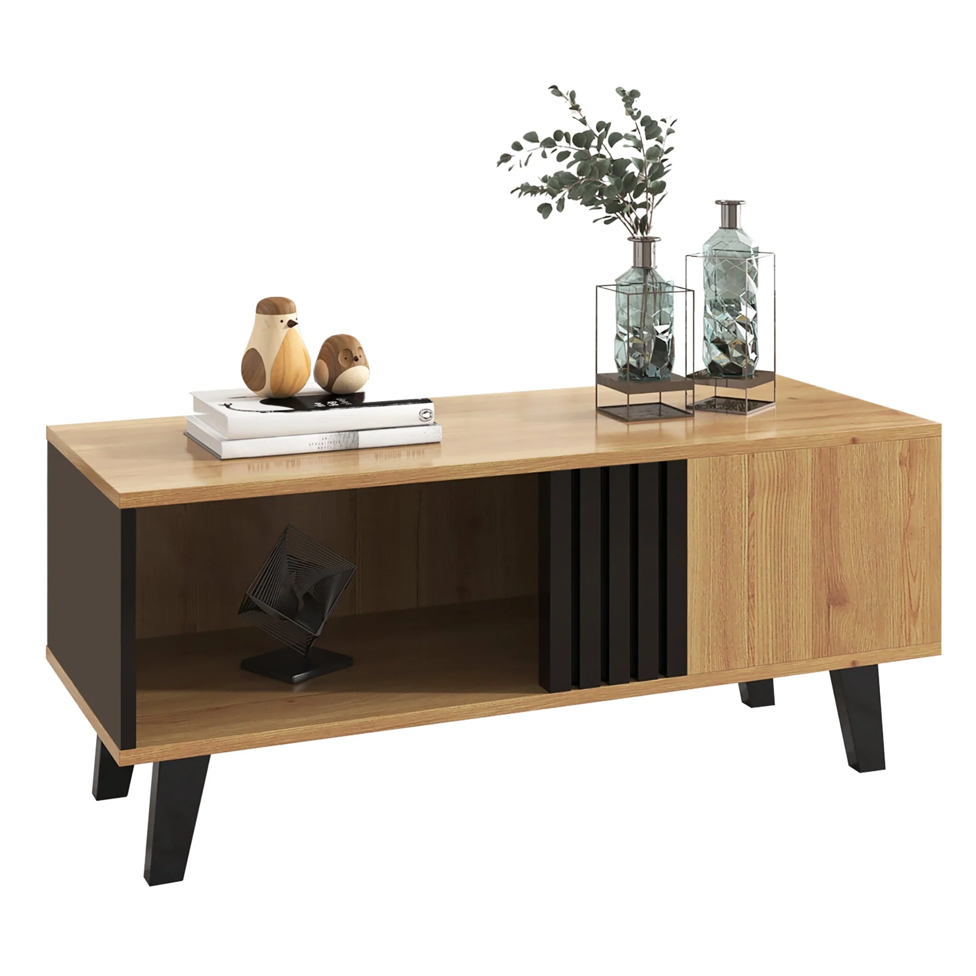 Coffee Table with Drawers and Side Storage, 100 x 60 x 45 cm, Black and Wood - Image 2