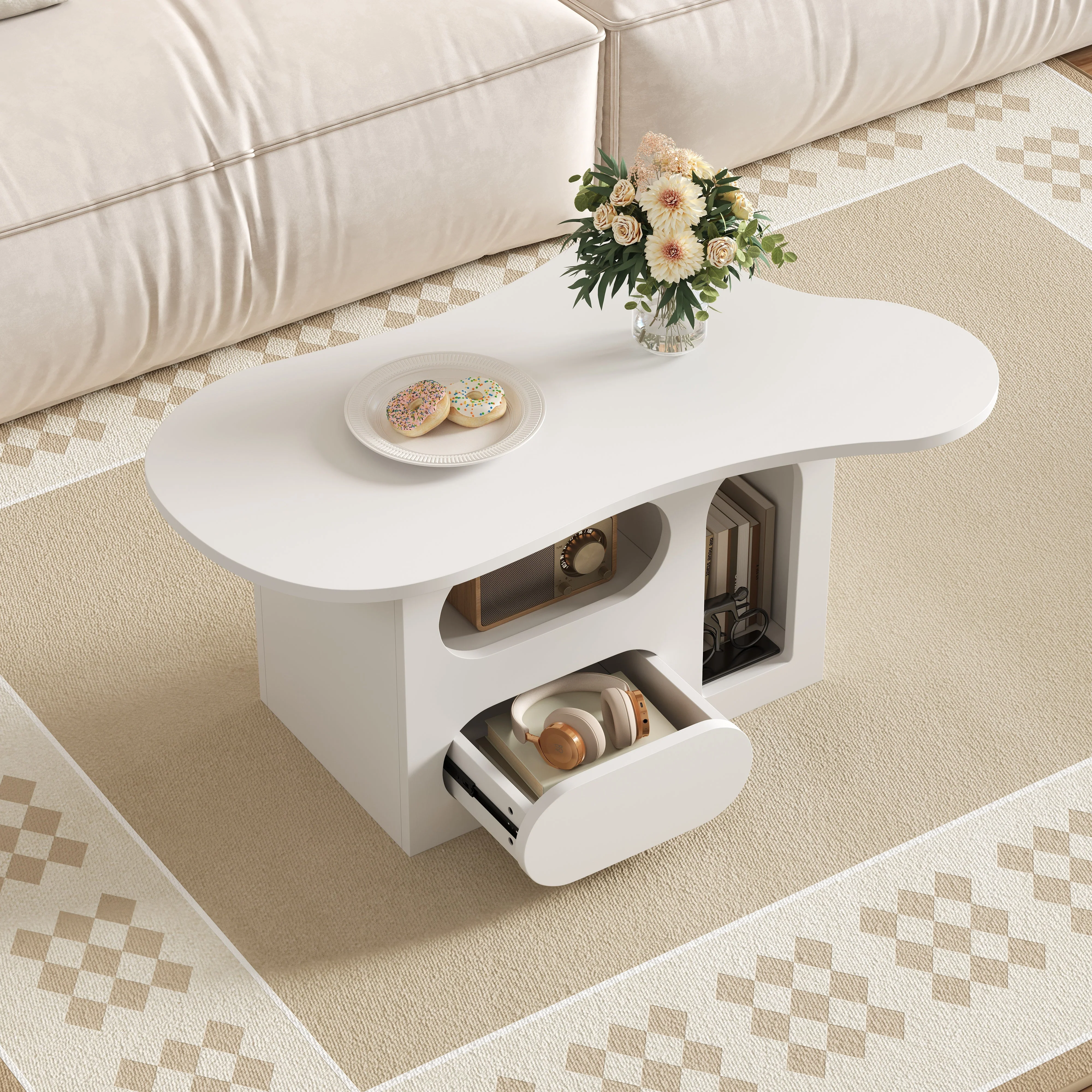 Coffee Table with Drawers, Cloud-Shaped with Open Storage, High-Quality Material - Image 4