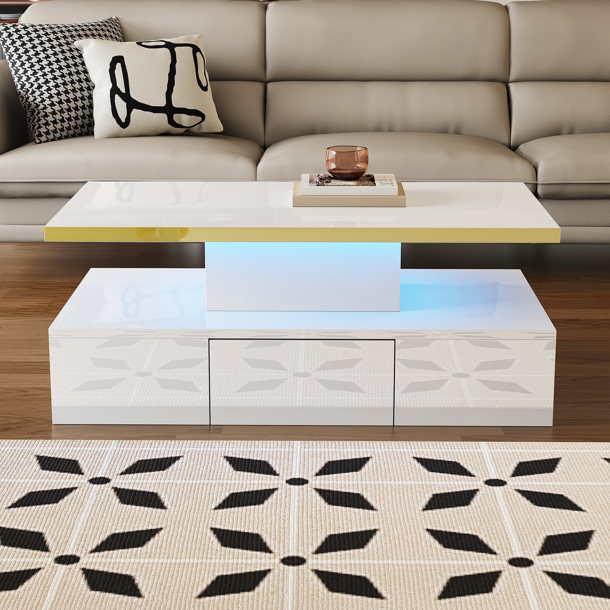 Coffee Table with Drawers, High-Gloss Lacquer Finish, Two Shelves, LED Light - Image 4