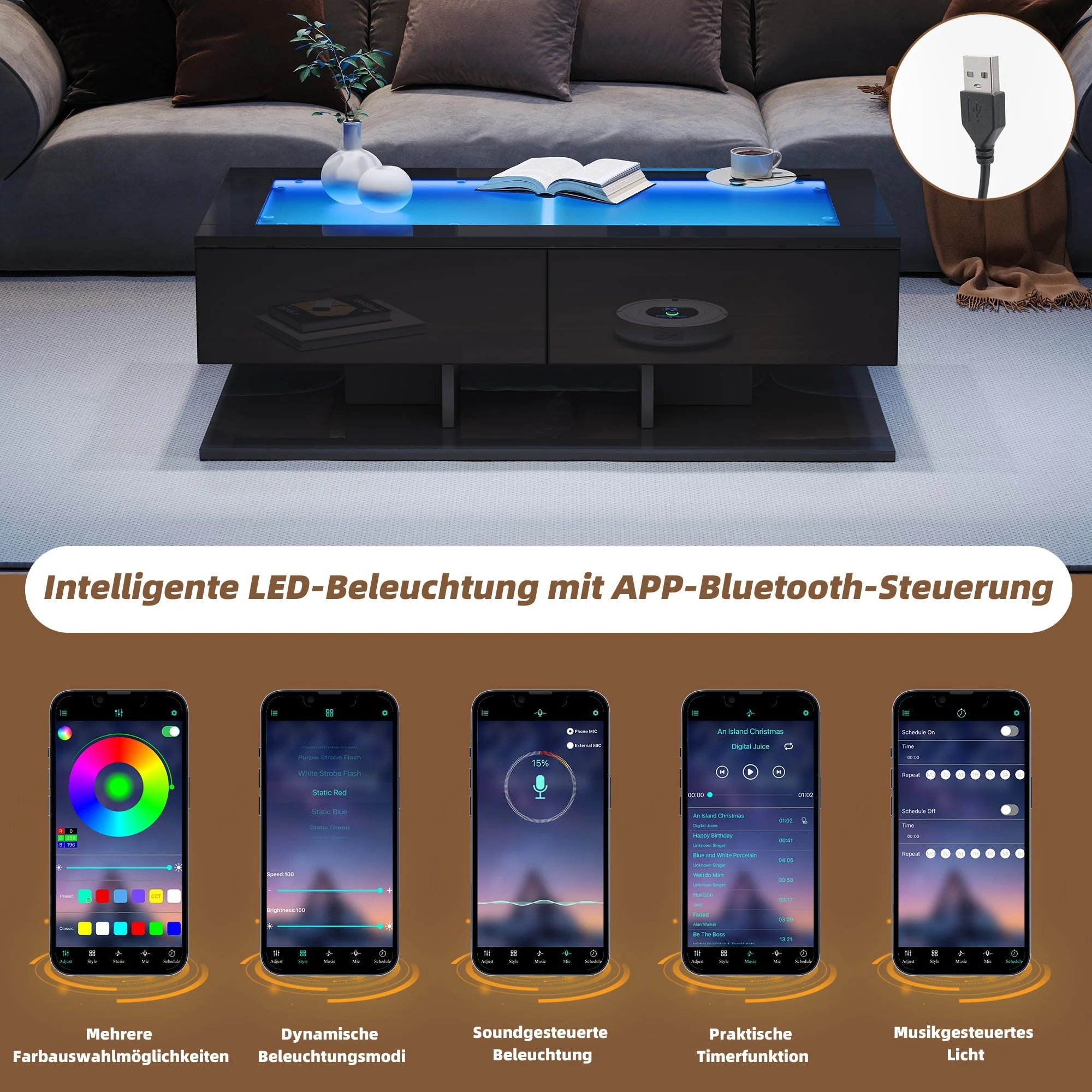 Coffee Table with Drawers, LED Light, Glass Top, Black - Image 10