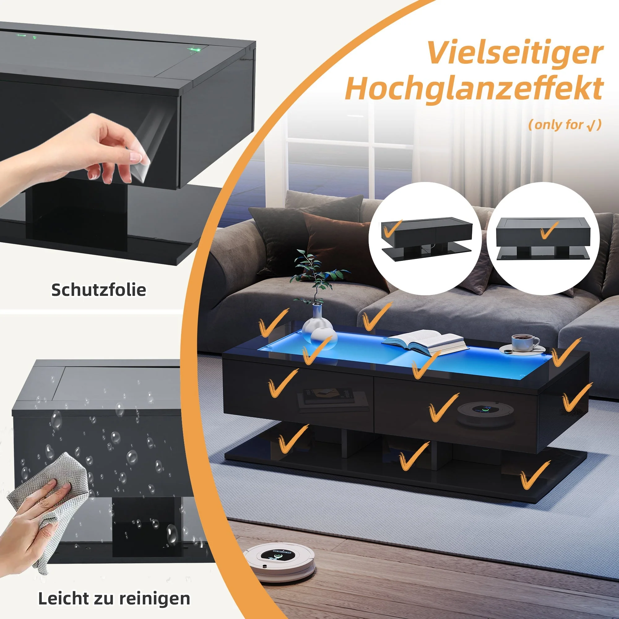 Coffee Table with Drawers, LED Light, Glass Top, Black - Image 11
