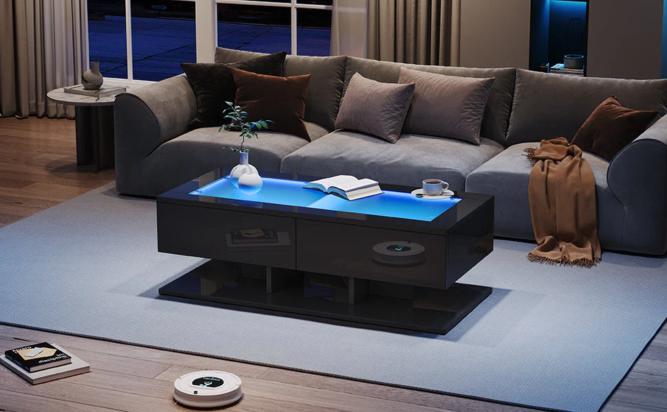 Coffee Table with Drawers, LED Light, Glass Top, Black - Image 4