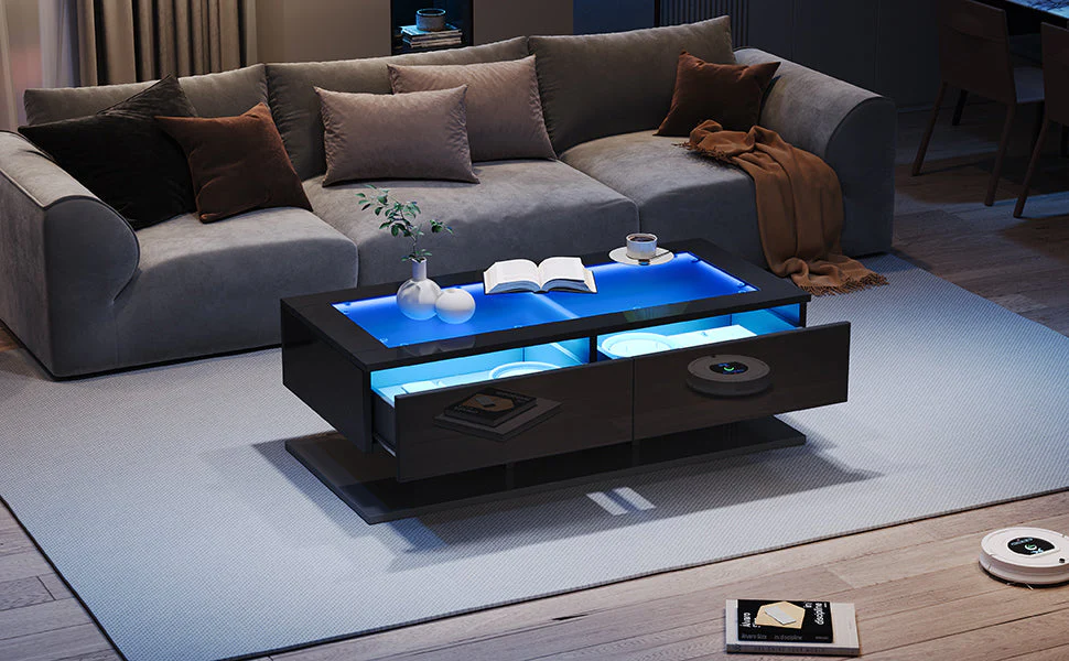 Coffee Table with Drawers, LED Light, Glass Top, Black - Image 5