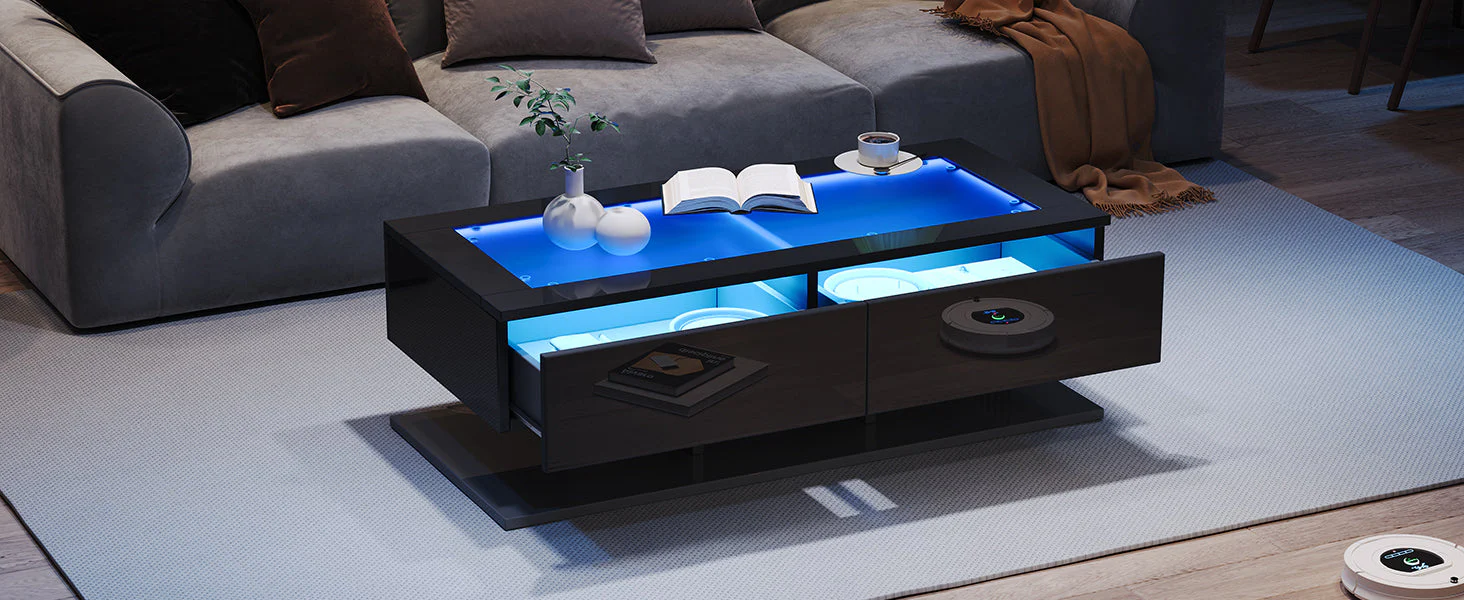 Coffee Table with Drawers, LED Light, Glass Top, Black - Image 7