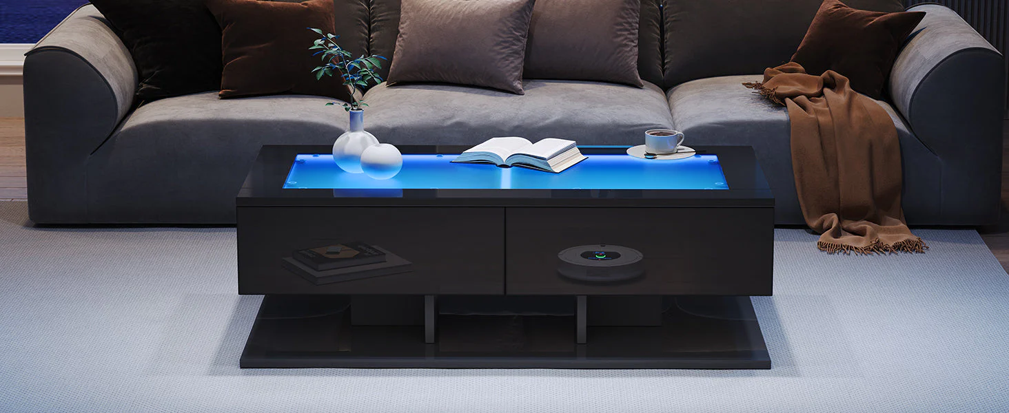 Coffee Table with Drawers, LED Light, Glass Top, Black - Image 8
