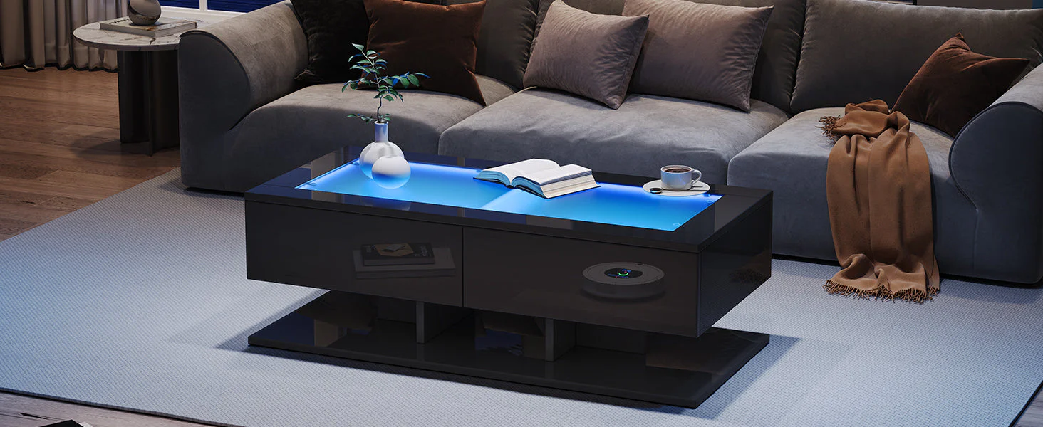 Coffee Table with Drawers, LED Light, Glass Top, Black - Image 9