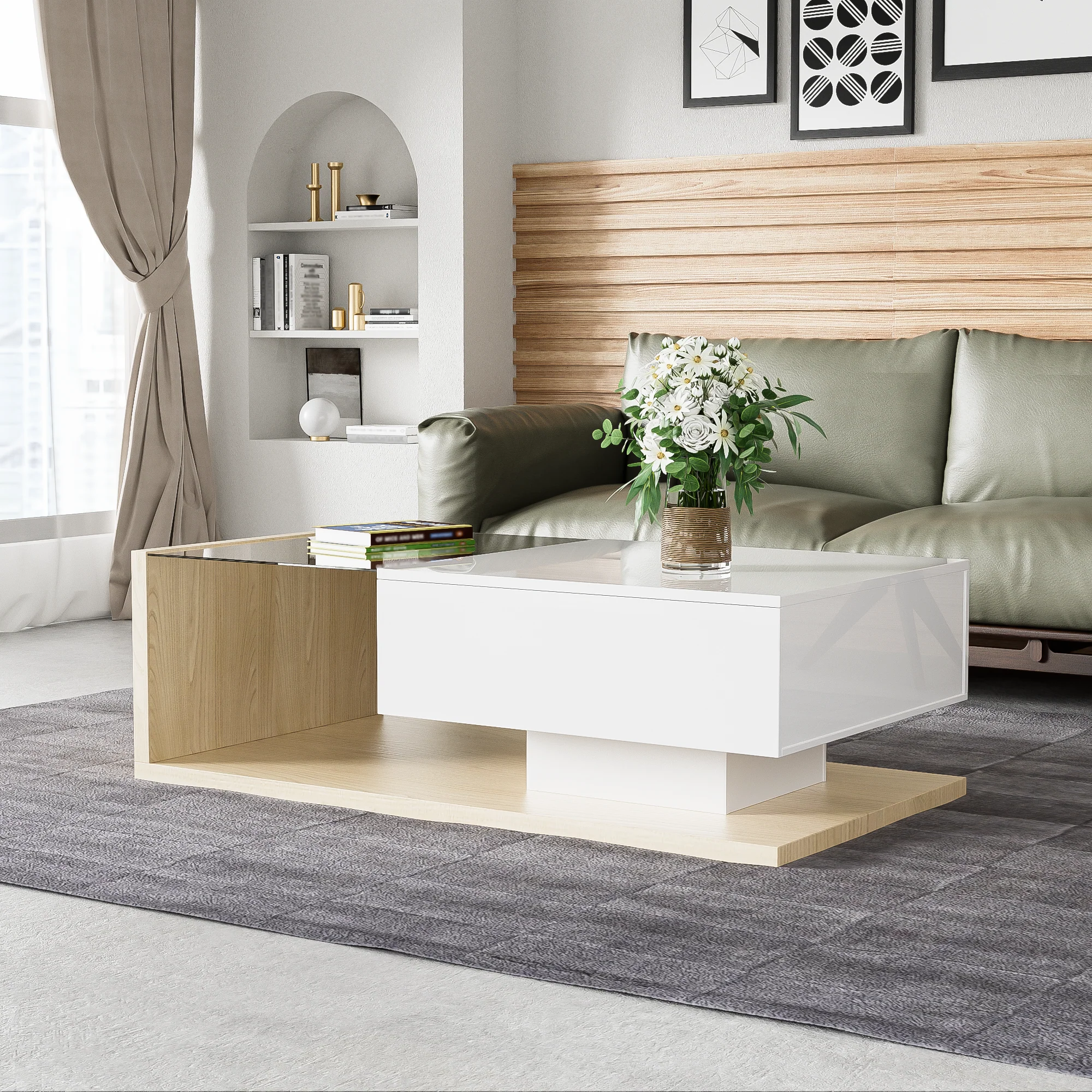 Coffee Table with Glass and LED, High Gloss White and Wood