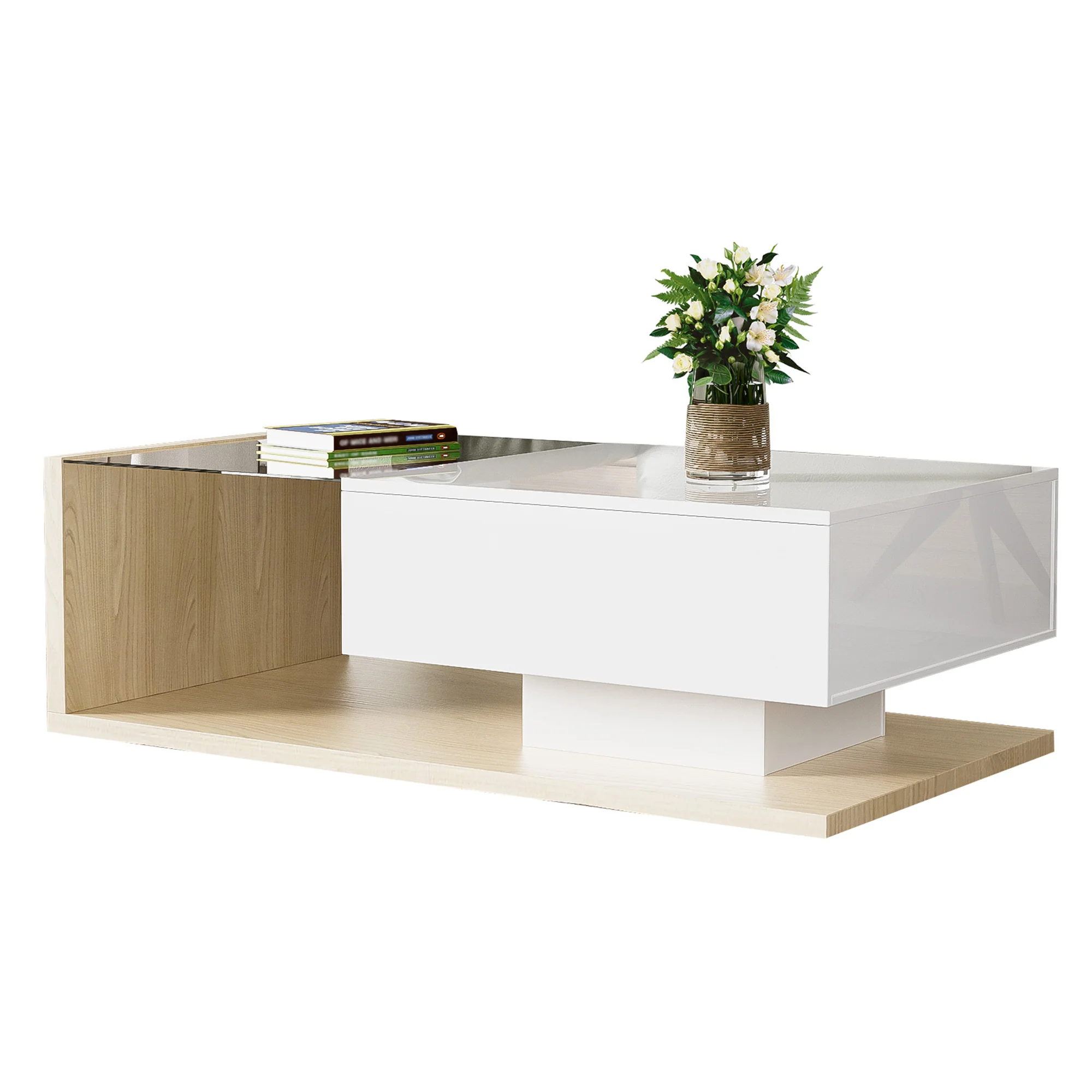 Coffee Table with Glass and LED, High Gloss White and Wood - Image 2
