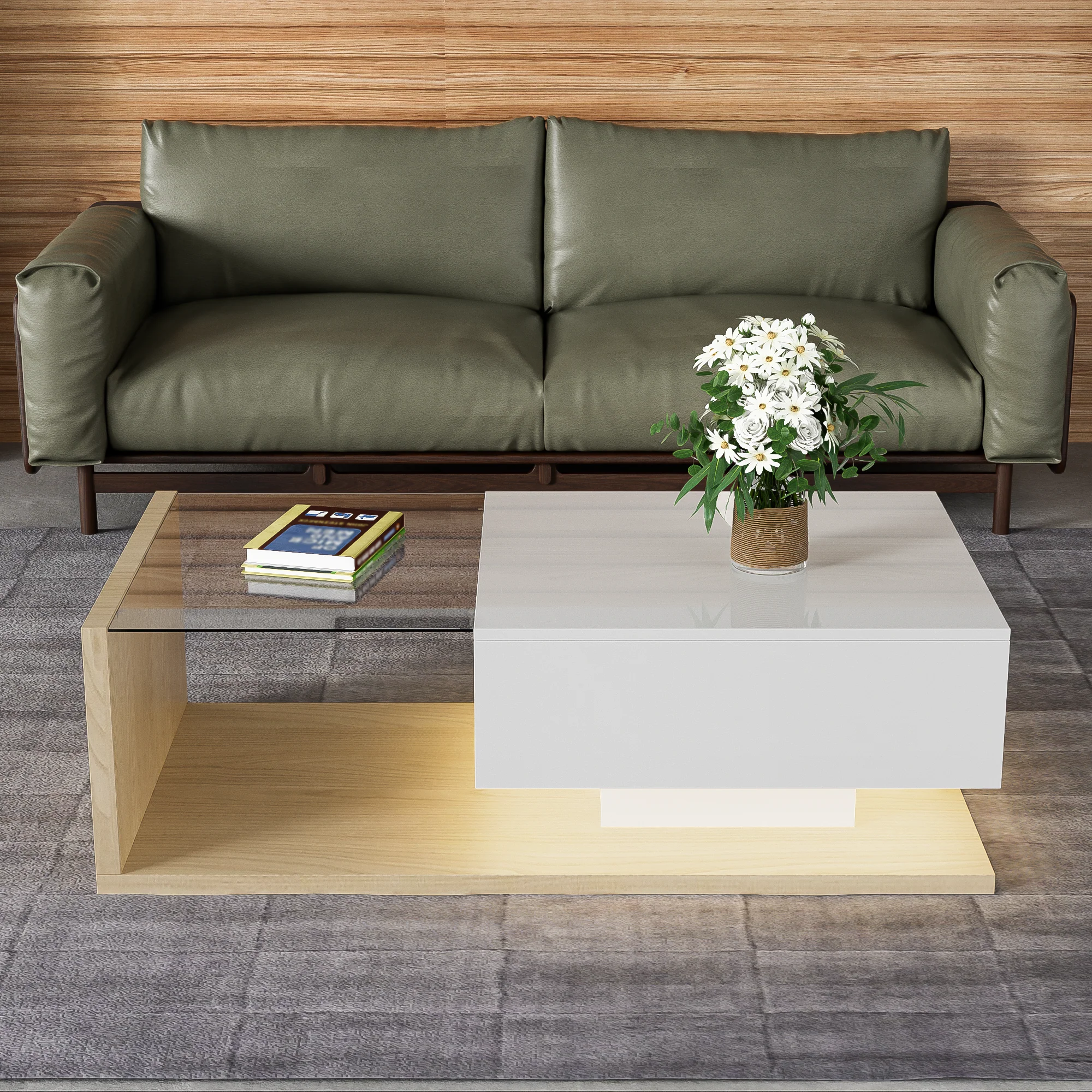 Coffee Table with Glass and LED, High Gloss White and Wood - Image 3