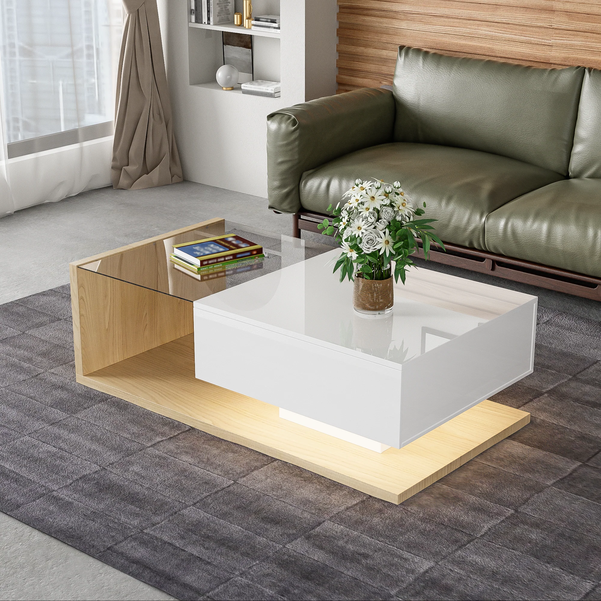 Coffee Table with Glass and LED, High Gloss White and Wood - Image 5