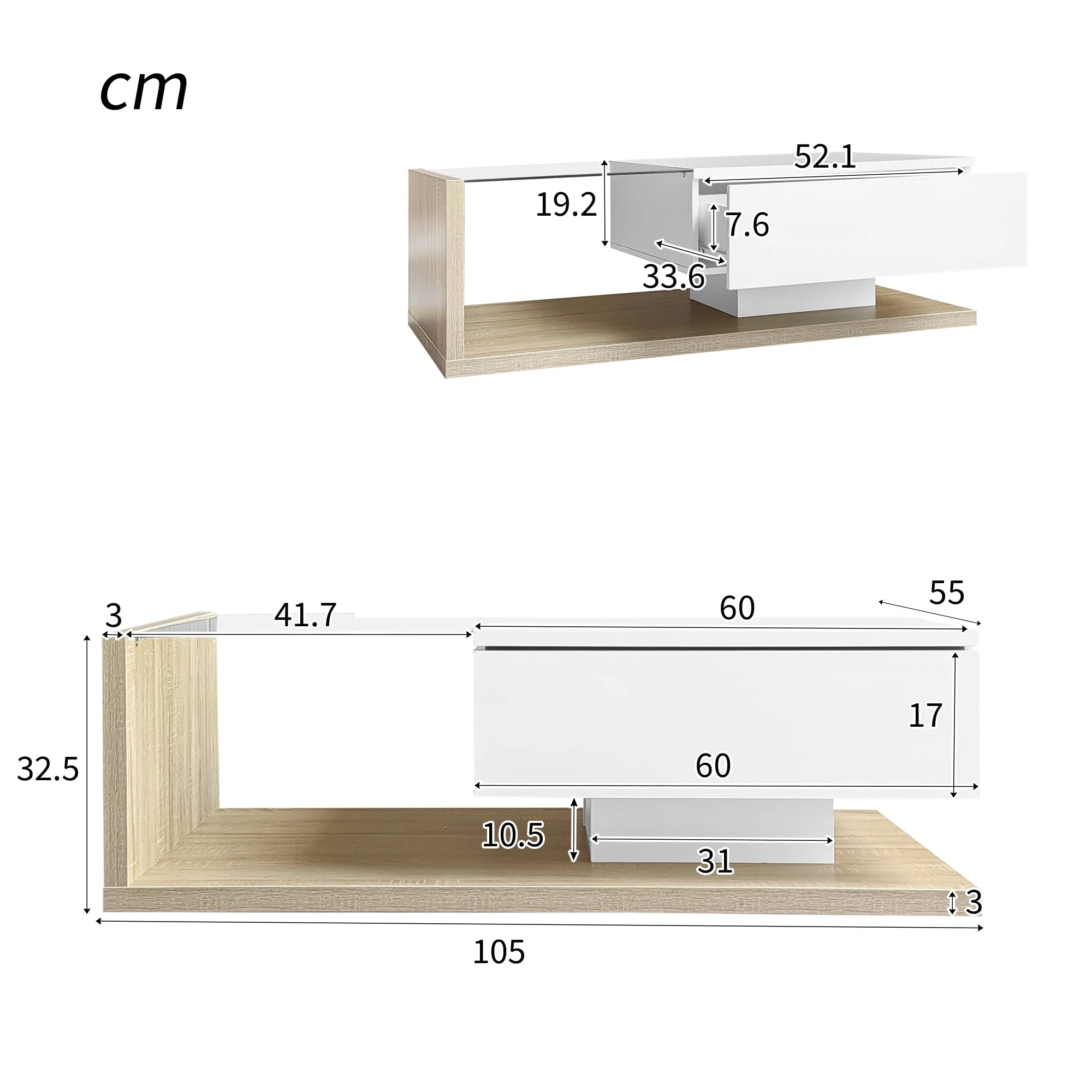 Coffee Table with Glass and LED, High Gloss White and Wood - Image 6