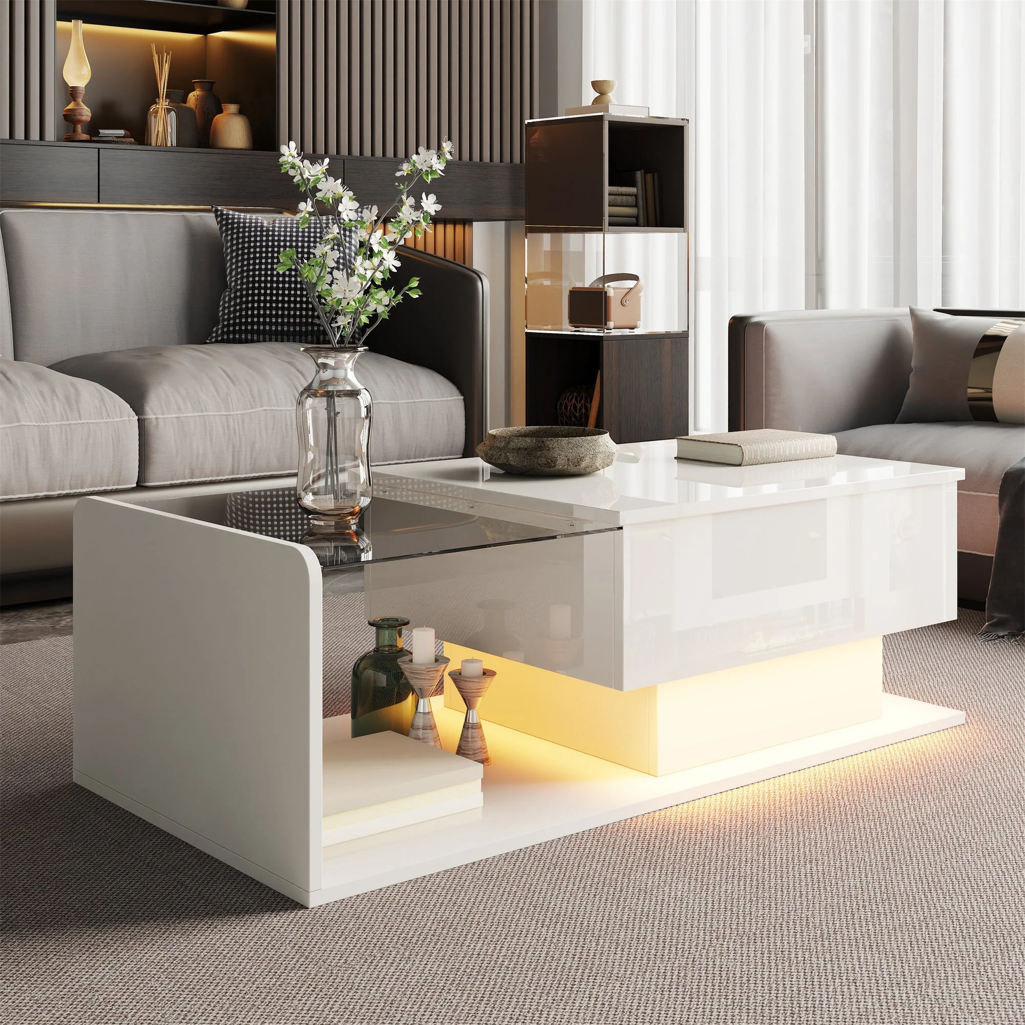 Coffee Table with Glass, LED Effect, and Lift-Top, High-Gloss White - Image 2