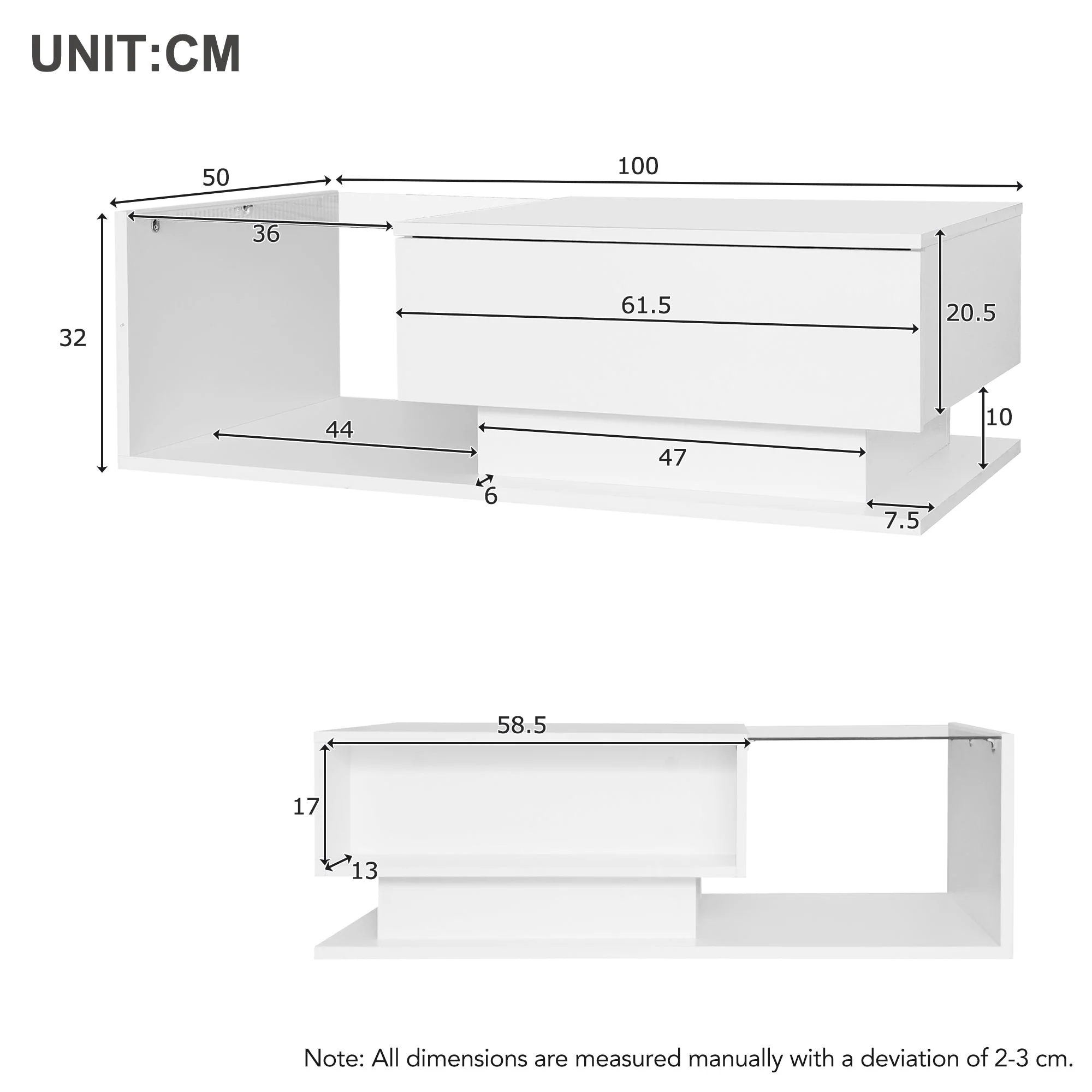 Coffee Table with Glass Top & Drawers, LED Lighting, High-Gloss White - Image 6