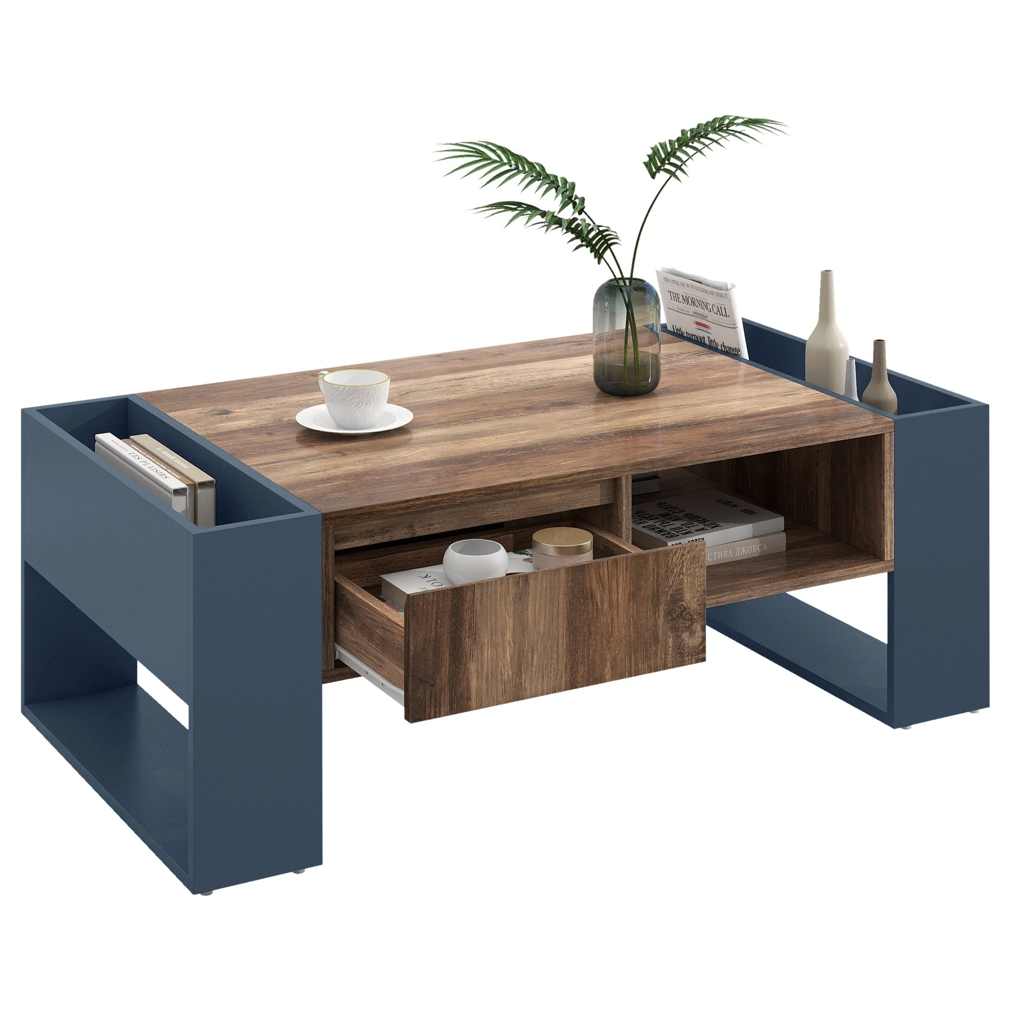 Coffee Table with Handleless Drawer & Double-Sided Storage, Anthracite Wood Grain - Image 2
