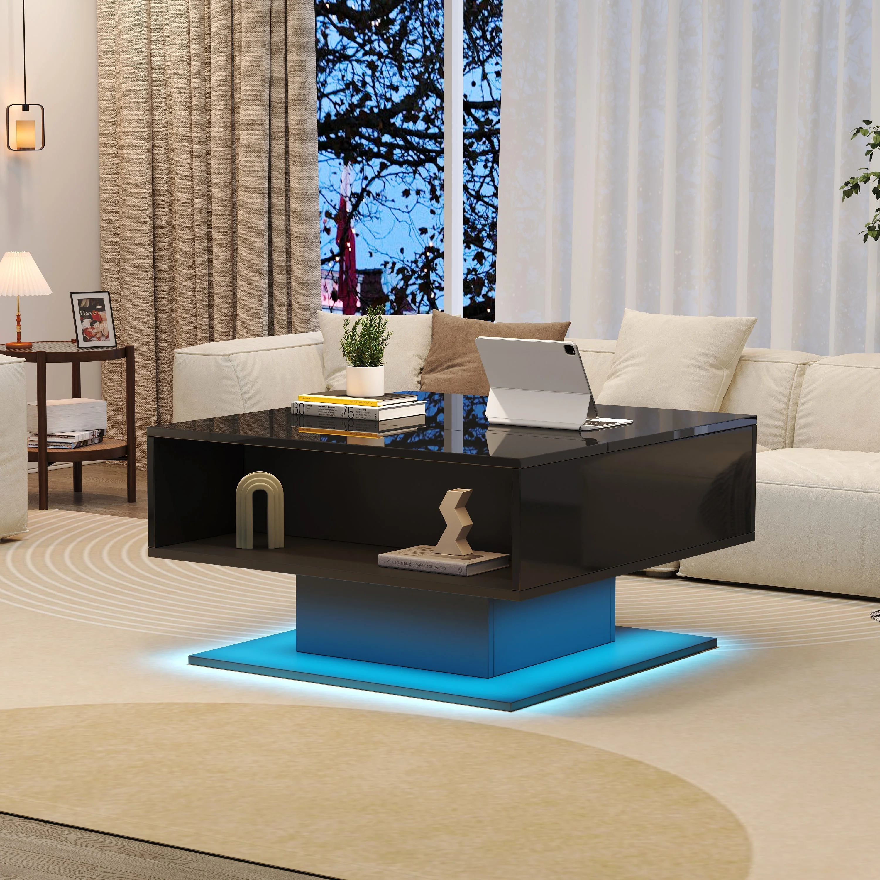 Coffee Table with Hydraulic Lift, High-Gloss, Storage, Black - Image 3