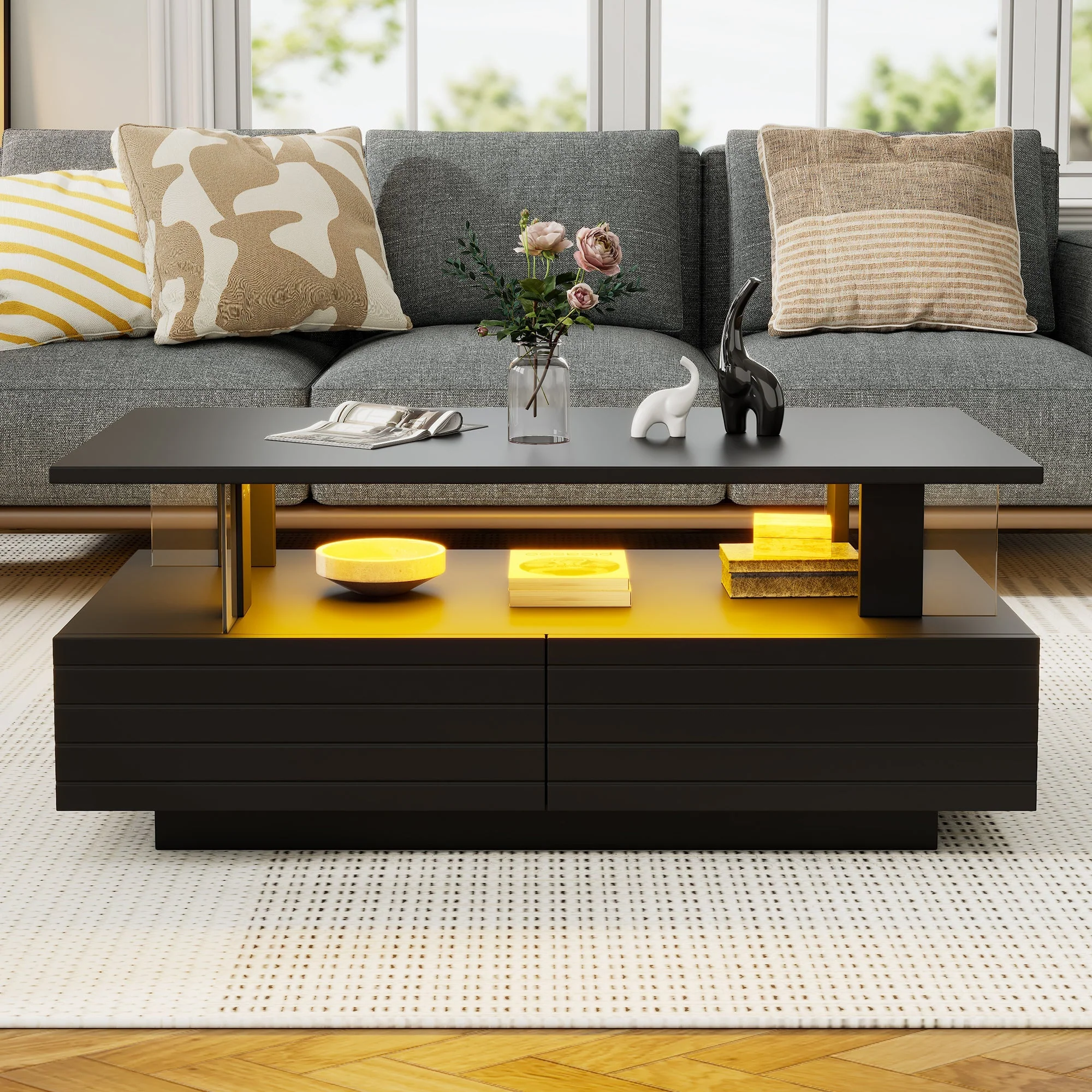 Coffee Table with LED and 2 Drawers, Black Particleboard + Acrylic