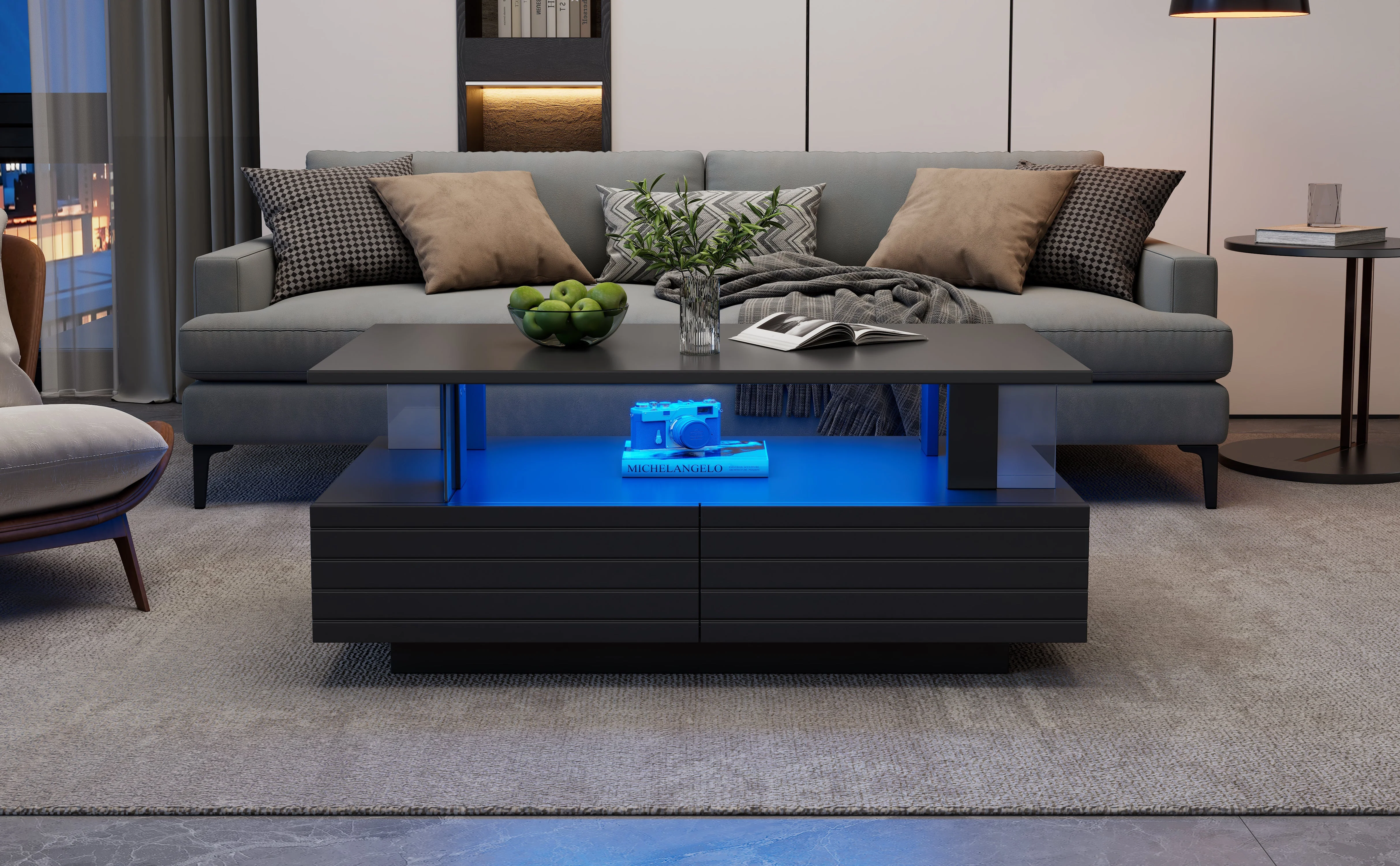 Coffee Table with LED and 2 Drawers, Black Particleboard + Acrylic - Image 6