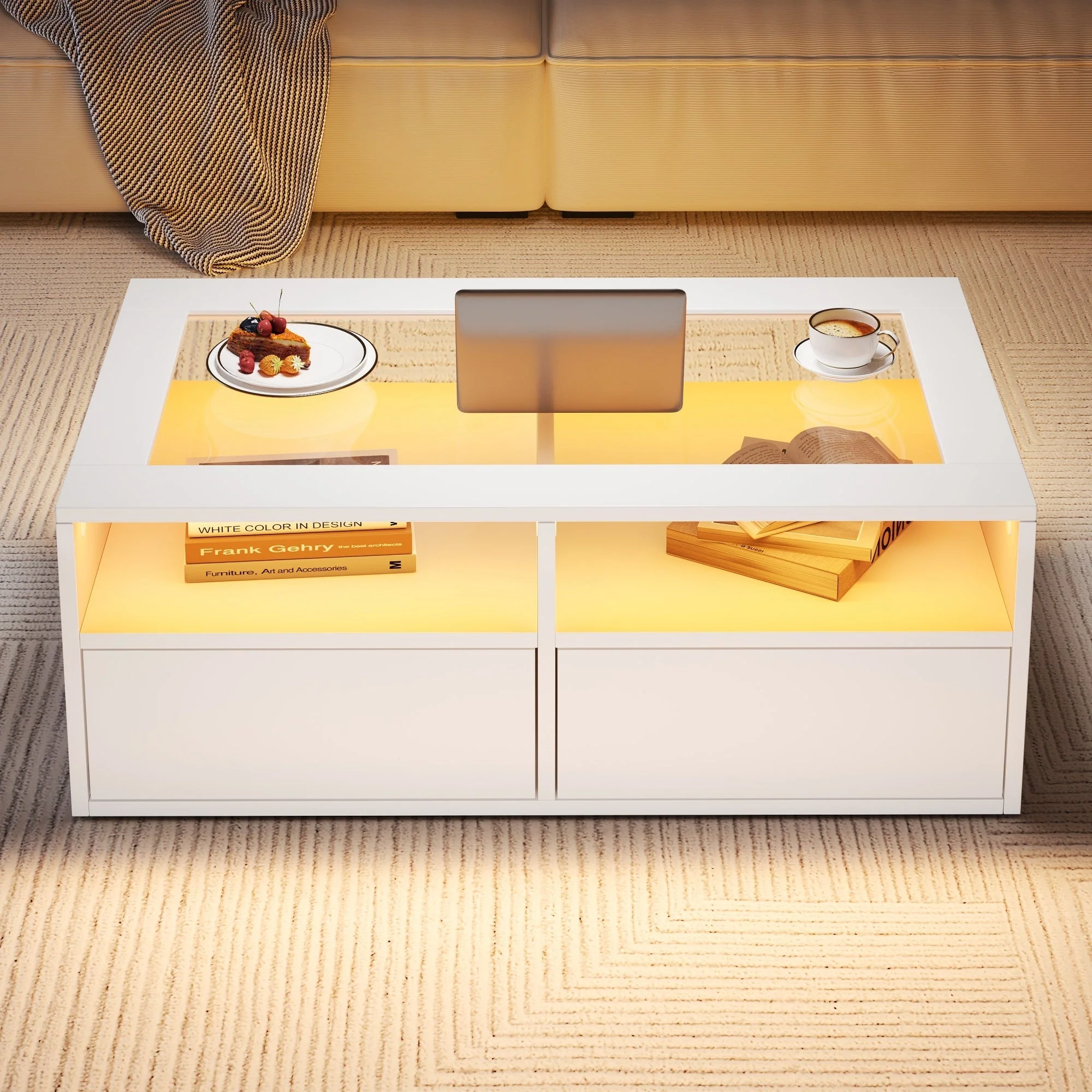Coffee Table with LED Light and 2 Drawers, Glass and White