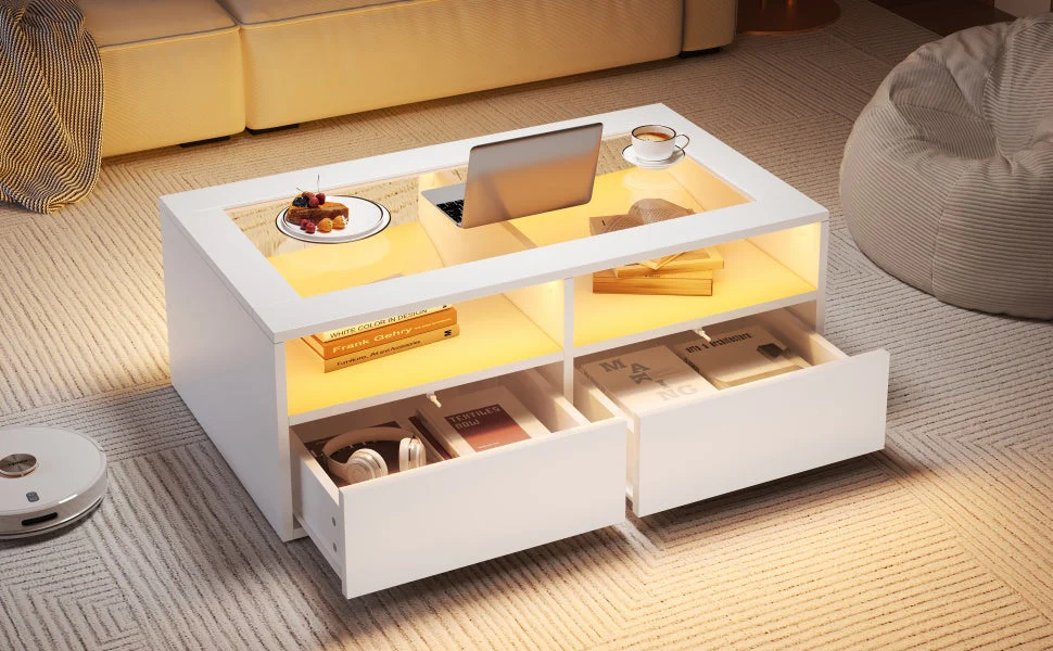 Coffee Table with LED Light and 2 Drawers, Glass and White - Image 10