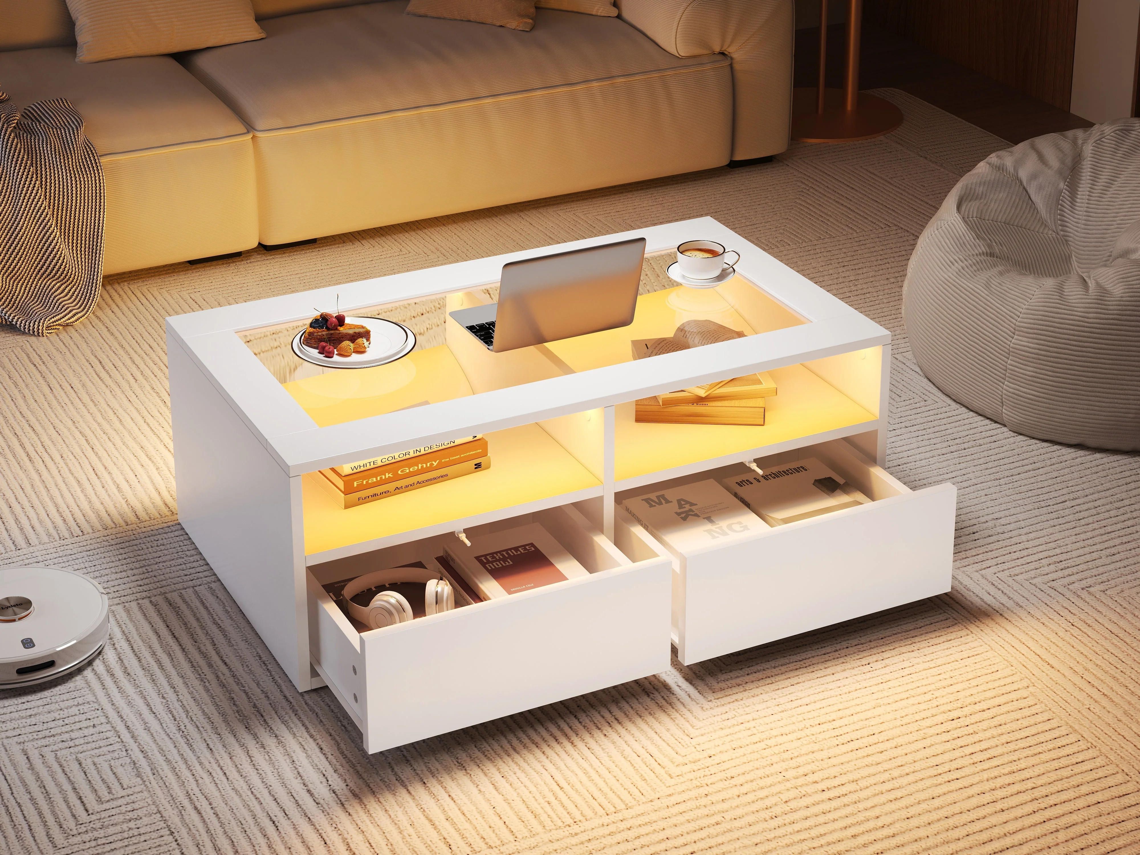 Coffee Table with LED Light and 2 Drawers, Glass and White - Image 8