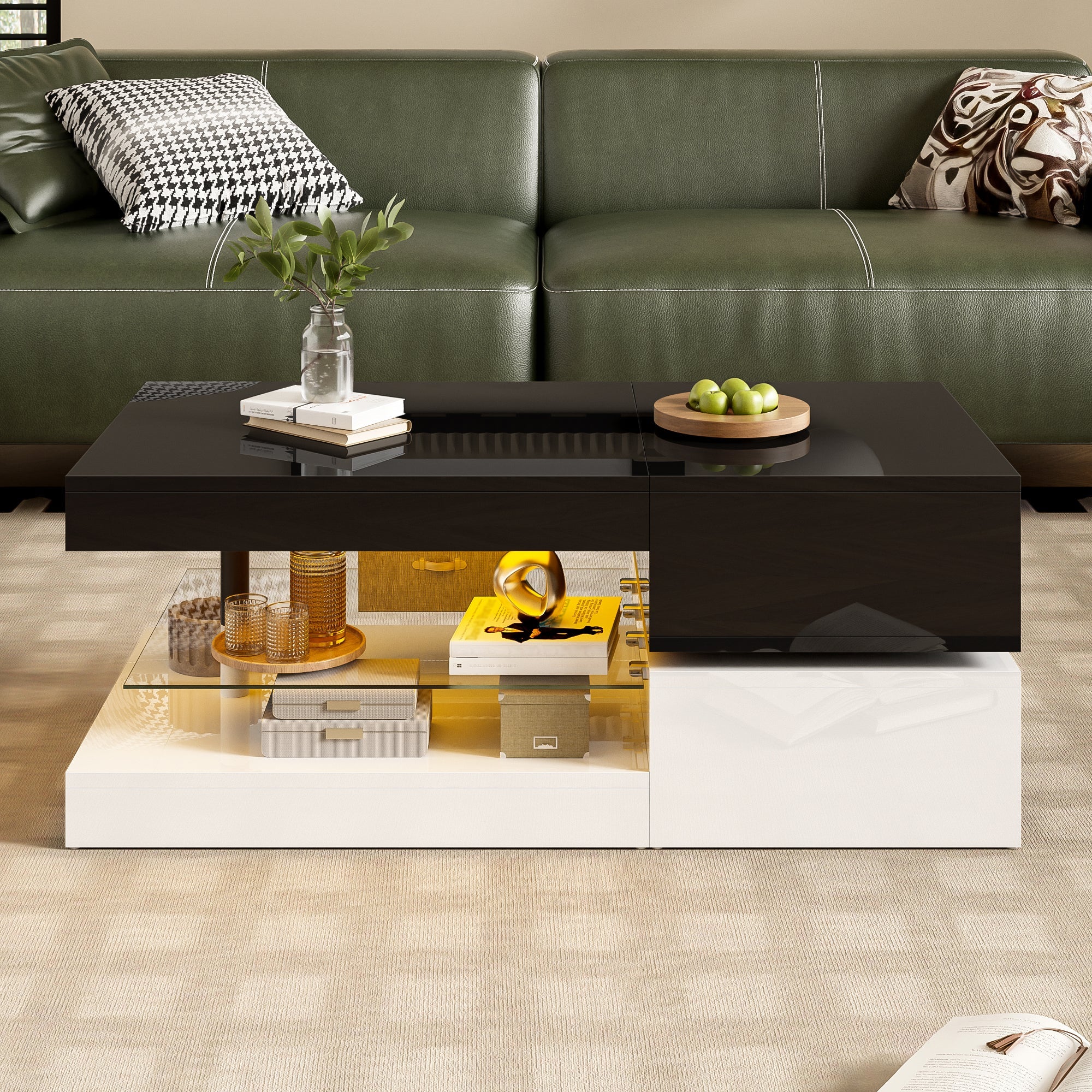 Coffee Table with LED Lighting, Bluetooth, Glass Shelf, Black & White - Image 8