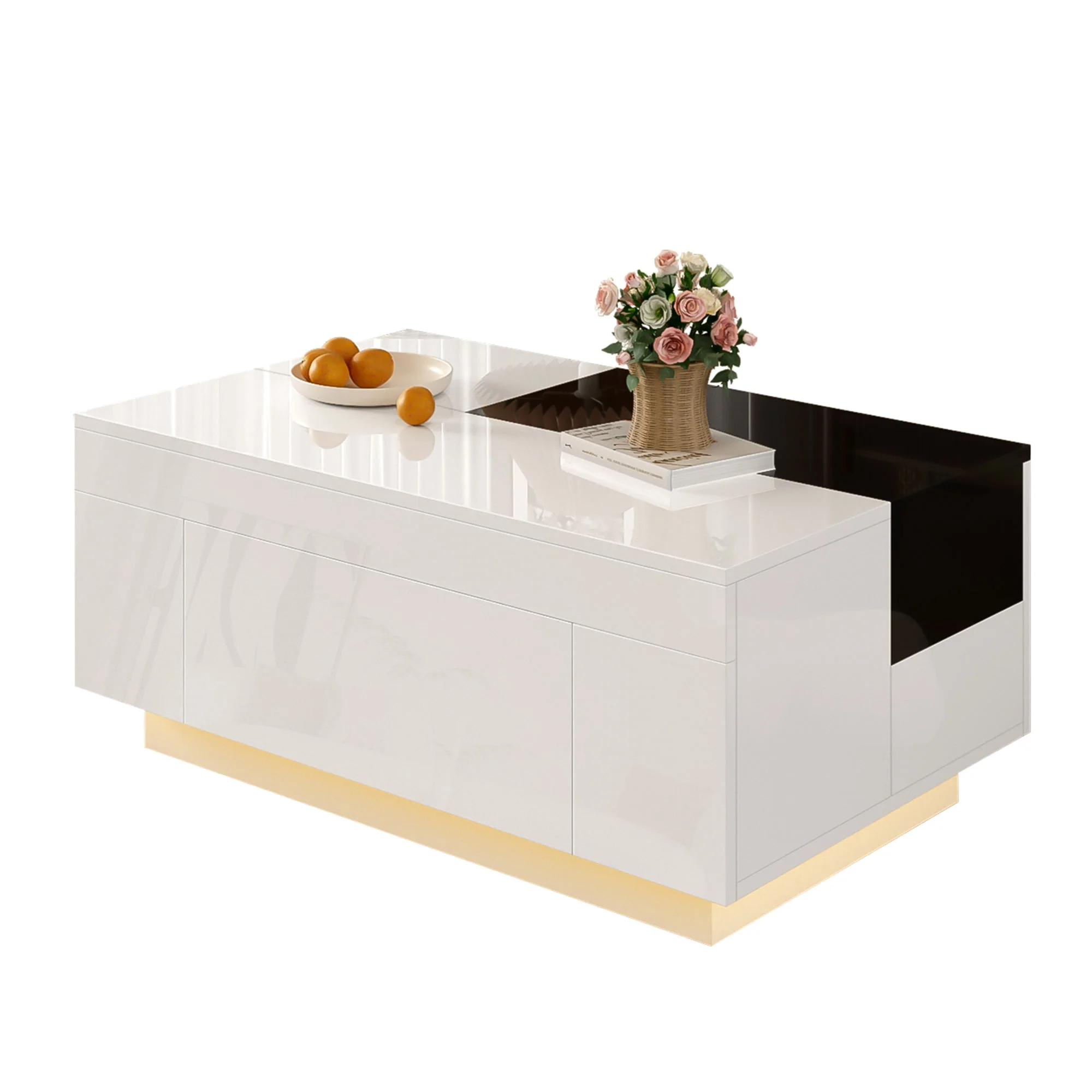 Coffee Table with LED Lighting, Extendable Tabletop, Storage - Black and White - Image 2