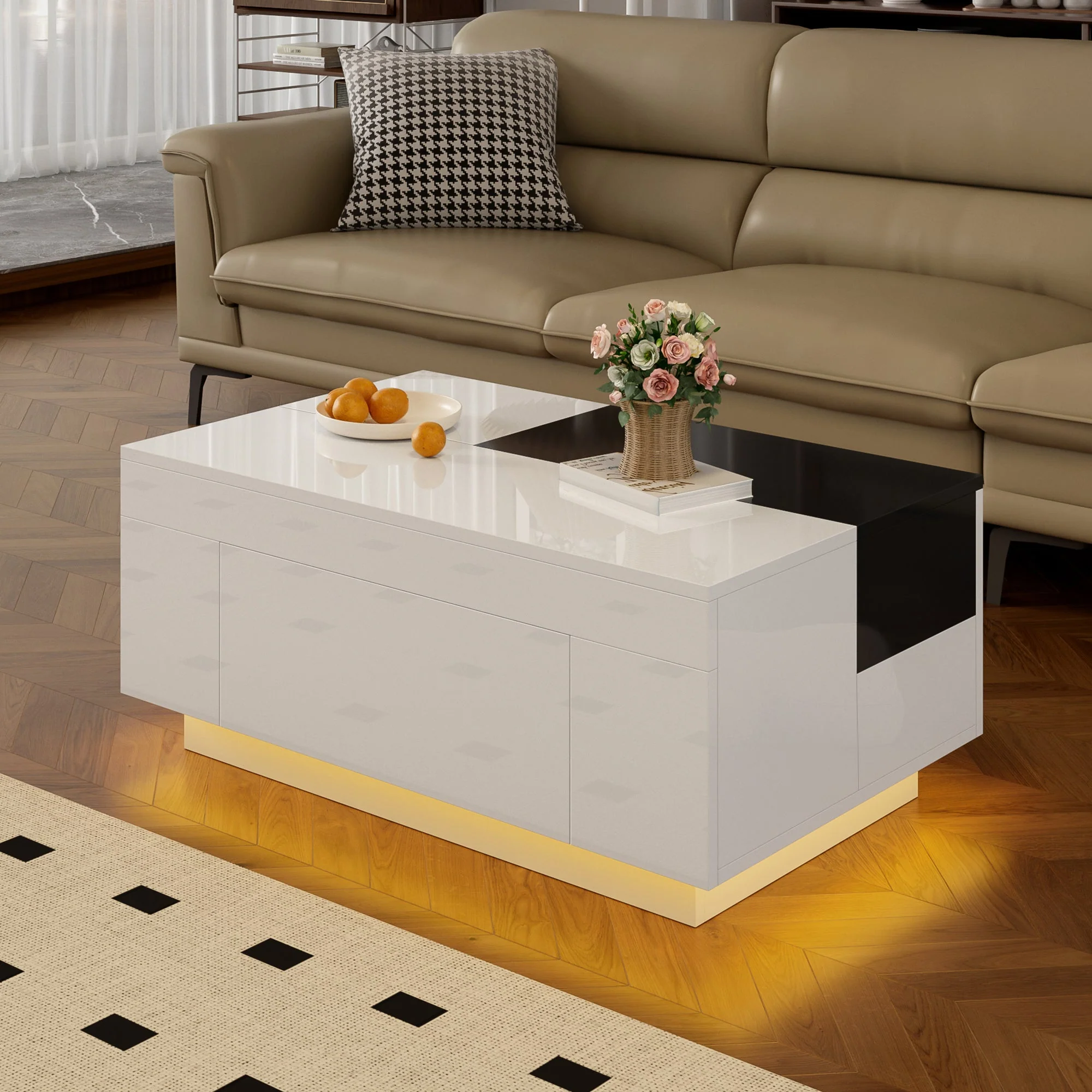 Coffee Table with LED Lighting, Extendable Tabletop, Storage - Black and White - Image 3