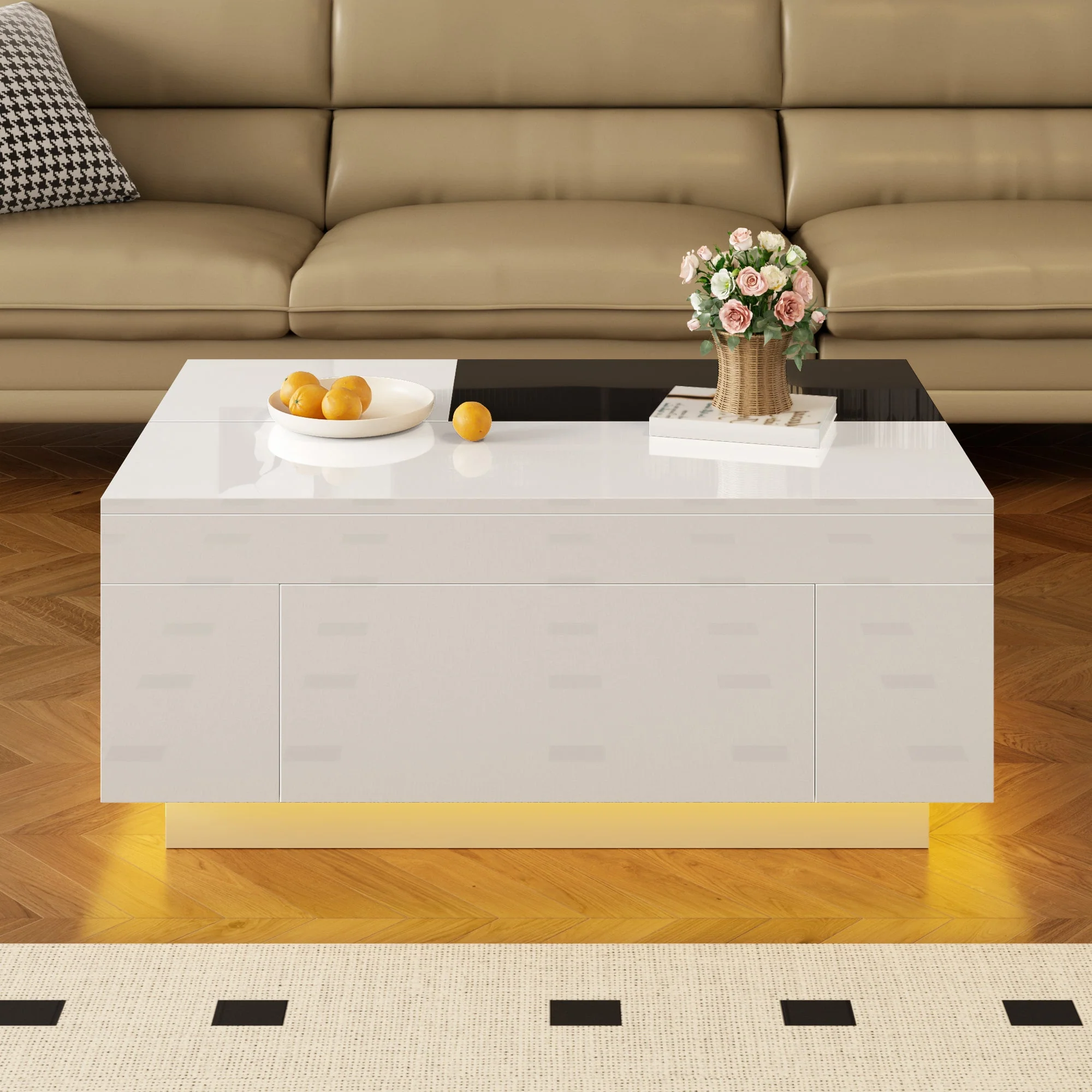 Coffee Table with LED Lighting, Extendable Tabletop, Storage - Black and White - Image 4